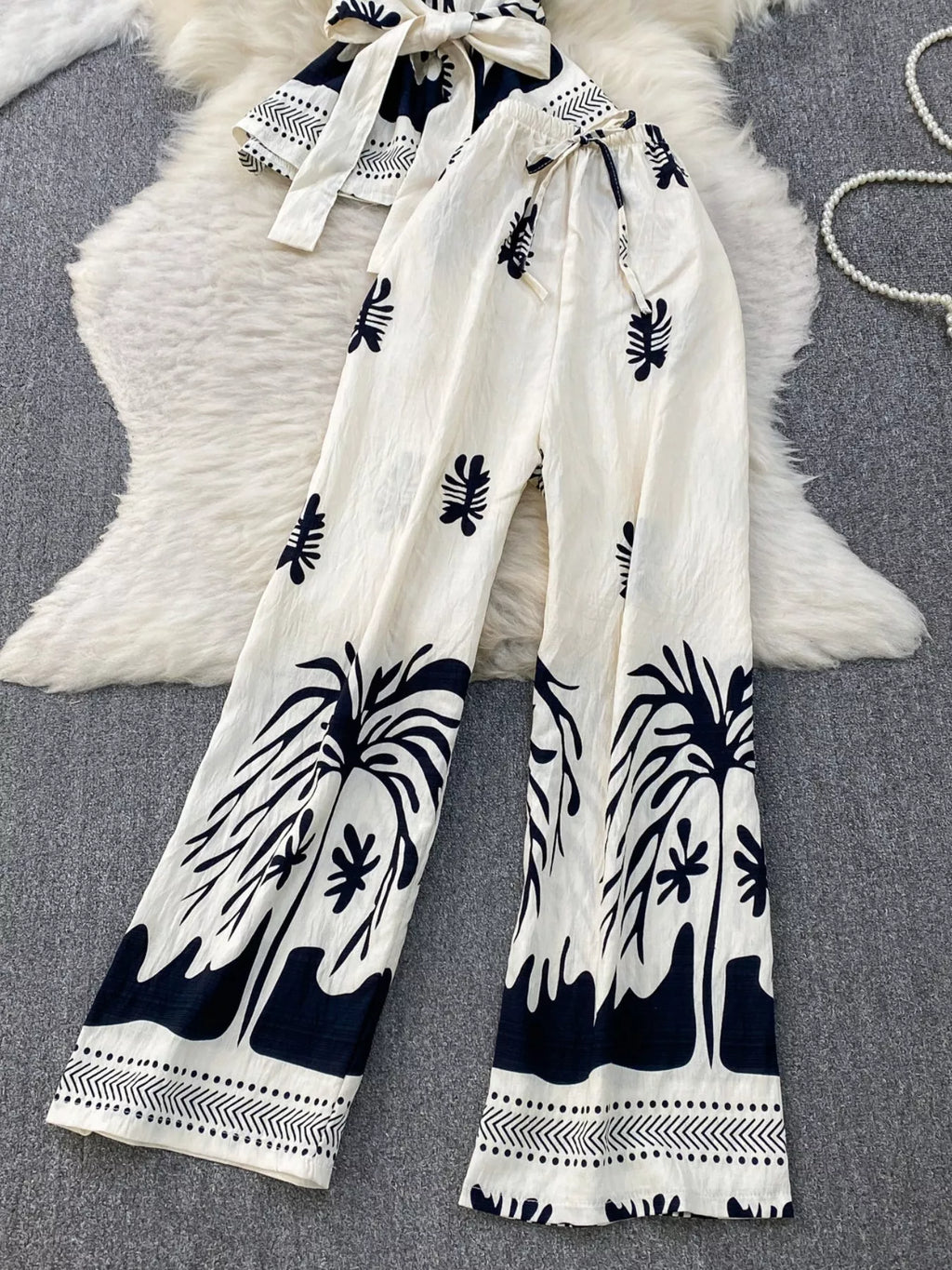 Printed Sleeveless Top and Wide Leg Pants Set