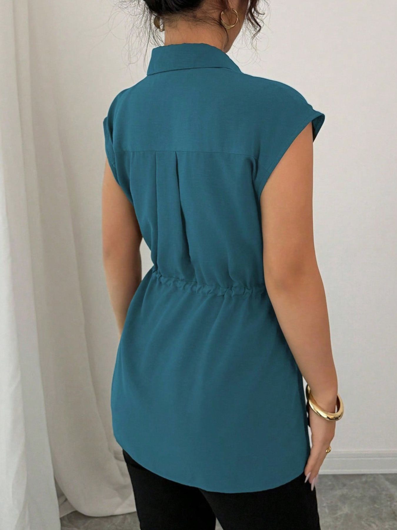 Drawstring Waist Cap Sleeve Shirt