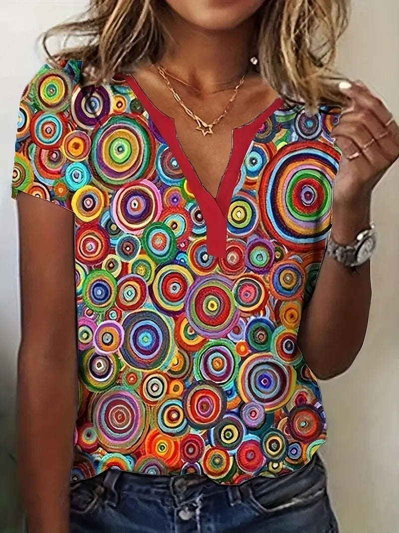 V-neck Red Candy Print Short Sleeve T-shirt Loose Casual Top For Summer