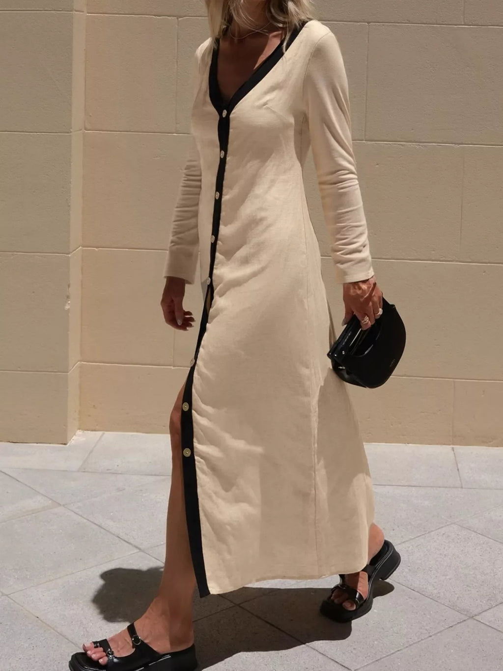 Contrast Trim Button-Down Midi Dress