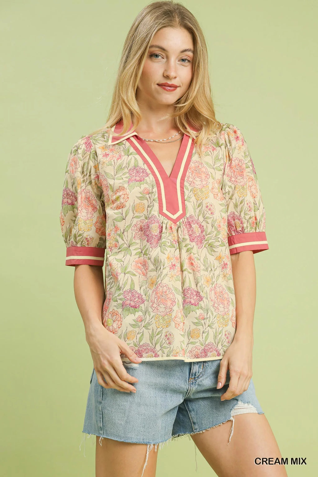 Umgee Mix Floral Puff Sleeve Blouse with Contrast Trim