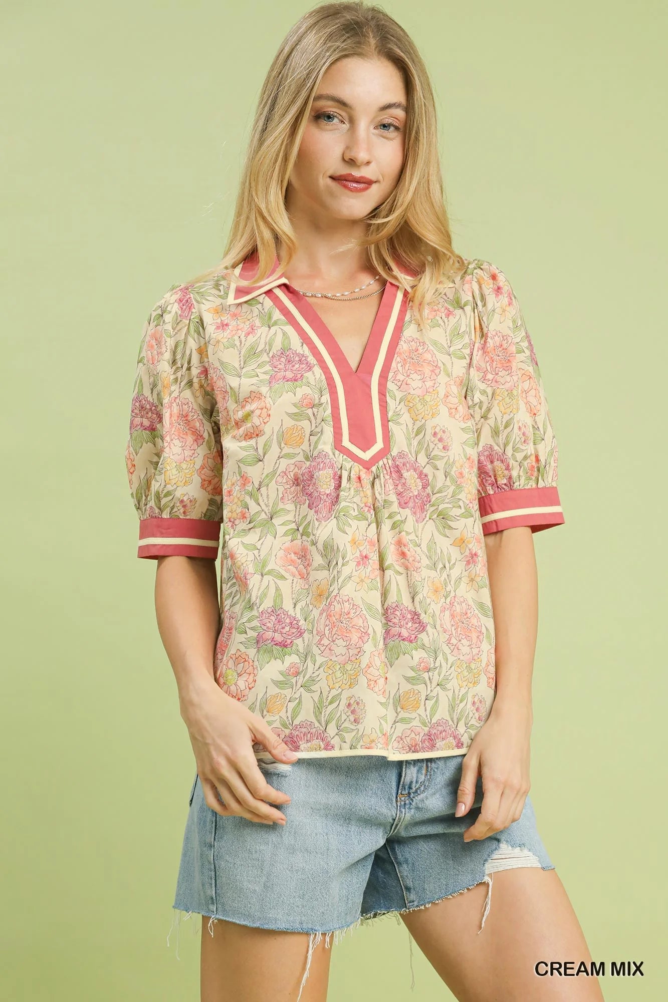 Umgee Mix Floral Puff Sleeve Blouse with Contrast Trim