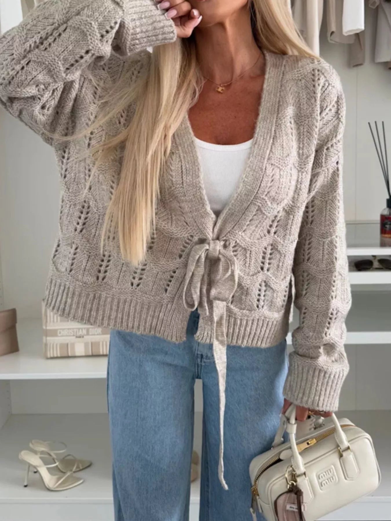 Tie-Front Openwork Cardigan