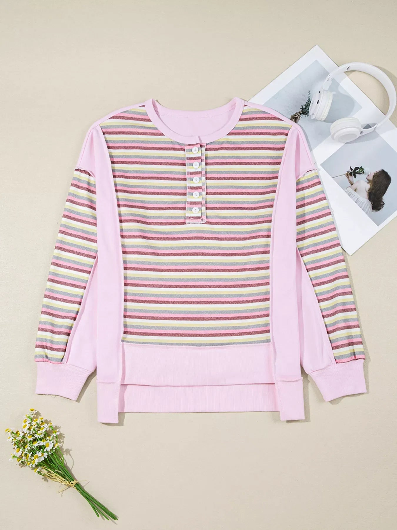 Exposed Seam Color Block Striped Patchwork Loose Henley Sweatshirt