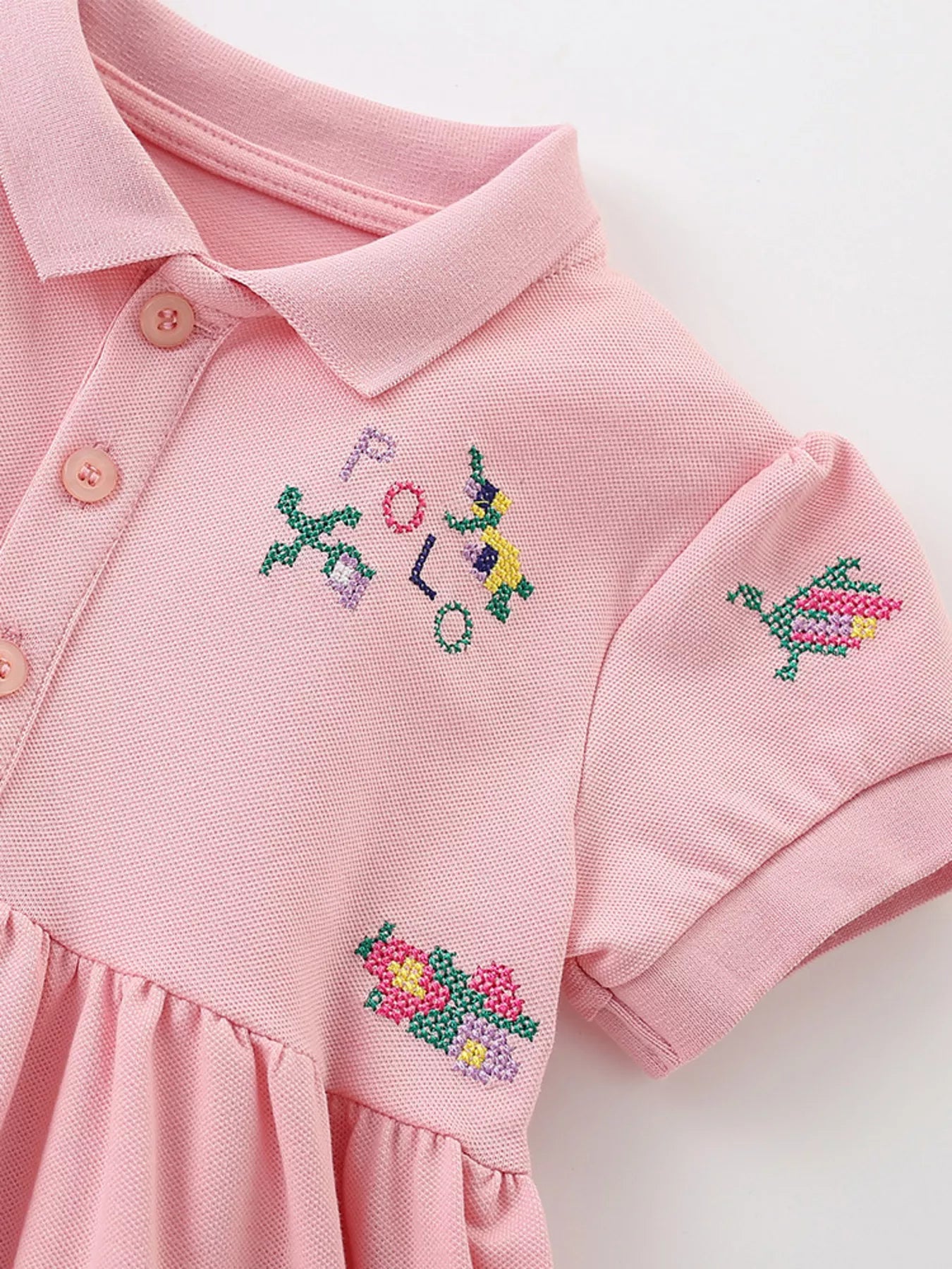 Children's Embroidered Polo Collar Short Sleeve Dress