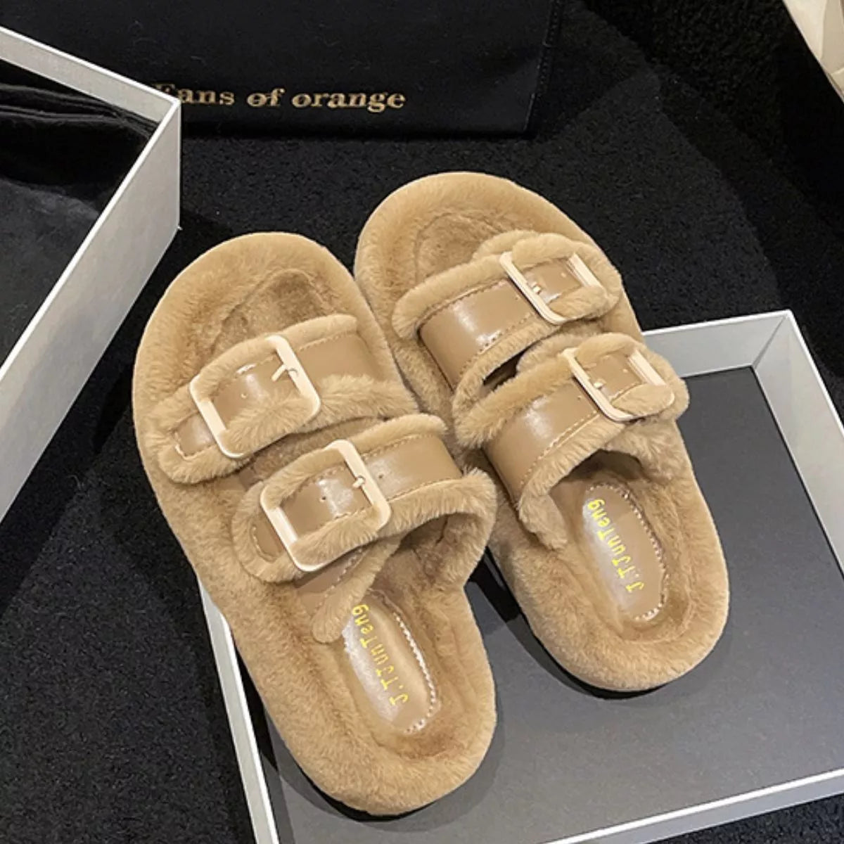 Fuzzy Buckle Detail Slippers