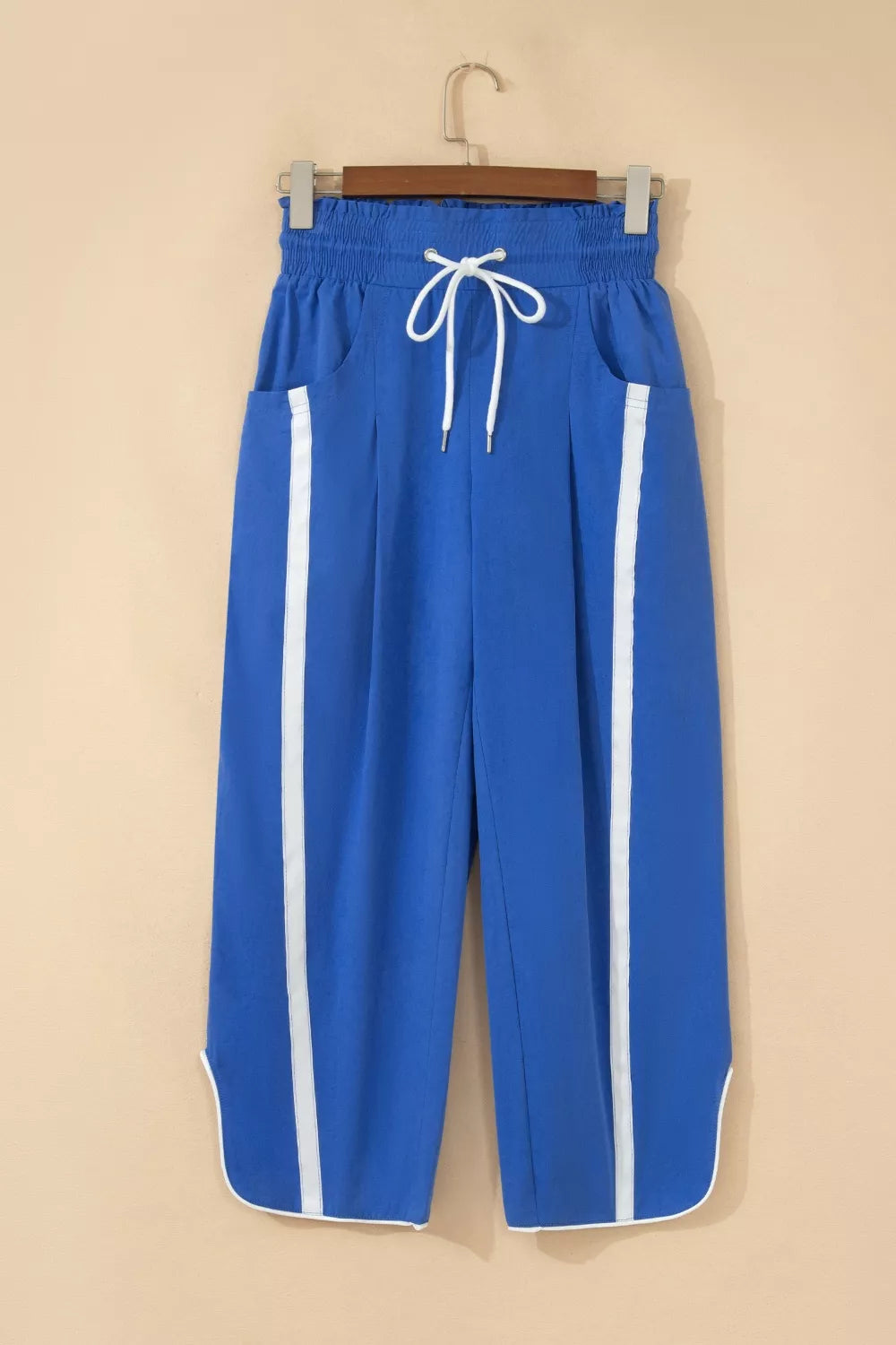 Contrast Striped Smocked Waist Drawstring Cropped Casual Pants