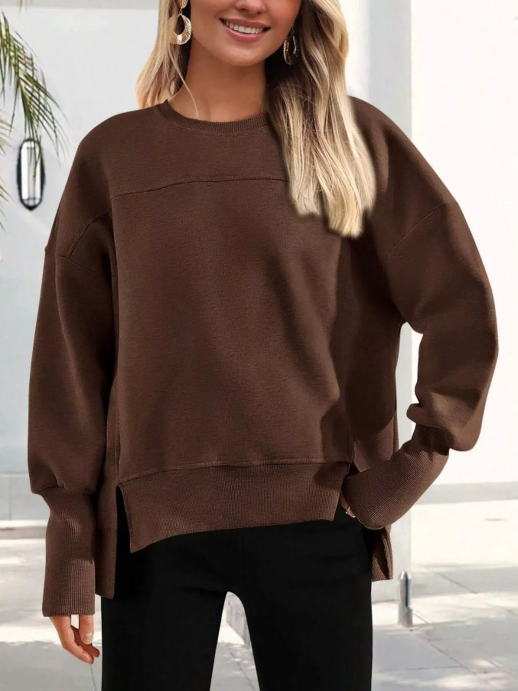 Slit Round Neck Dropped Shoulder Sweatshirt
