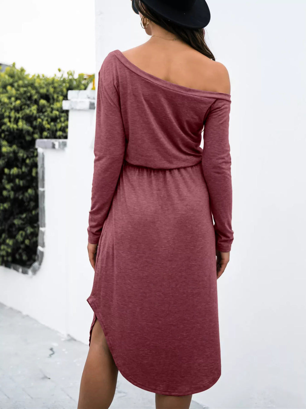 One-Shoulder Long Sleeve Midi Dress with Drawstring Waist