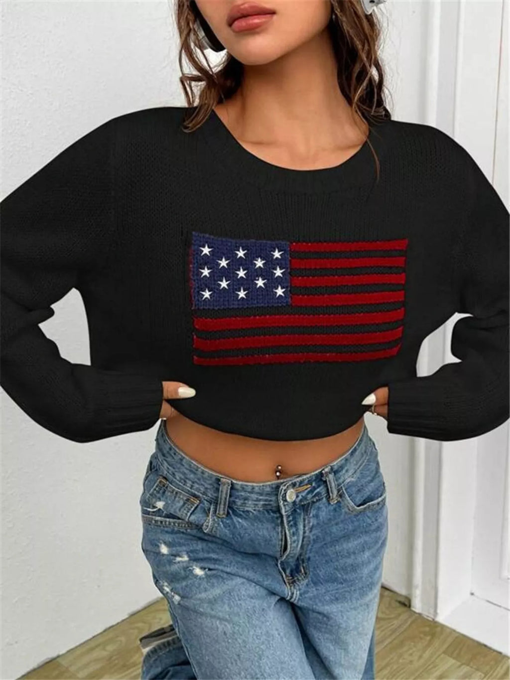 US Flag Round Neck Long Sleeve Sweater
