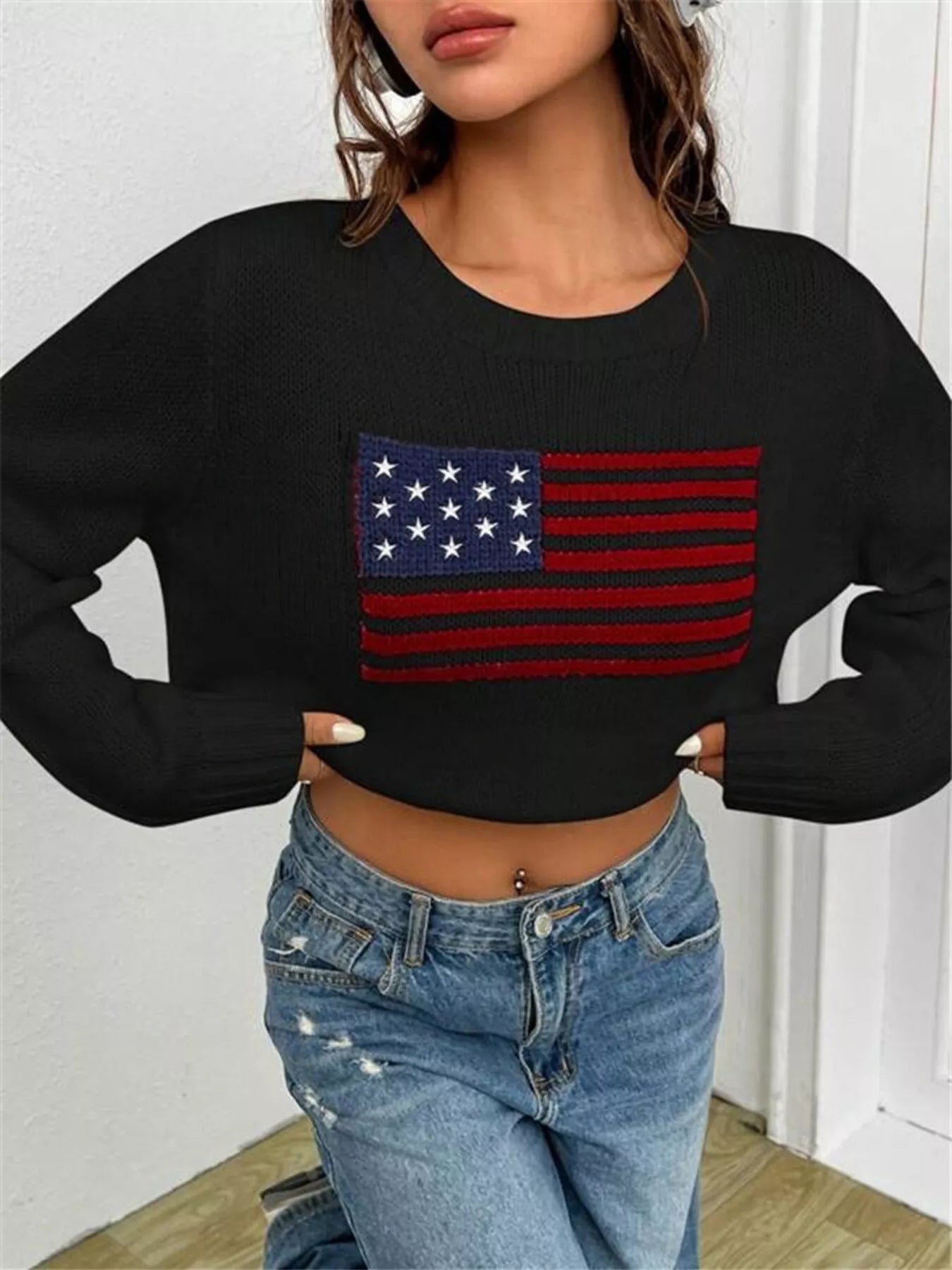 US Flag Round Neck Long Sleeve Sweater