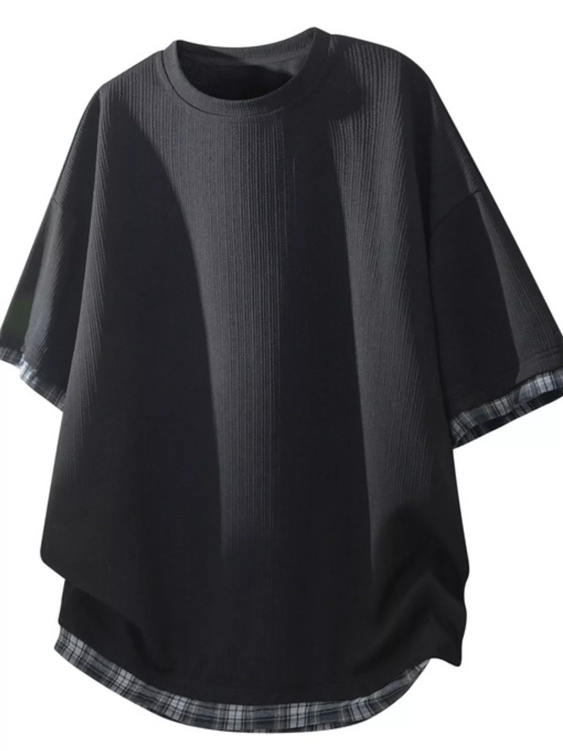 Men's Plus Size Short Sleeve Round Neck Plaid Trim T-Shirt