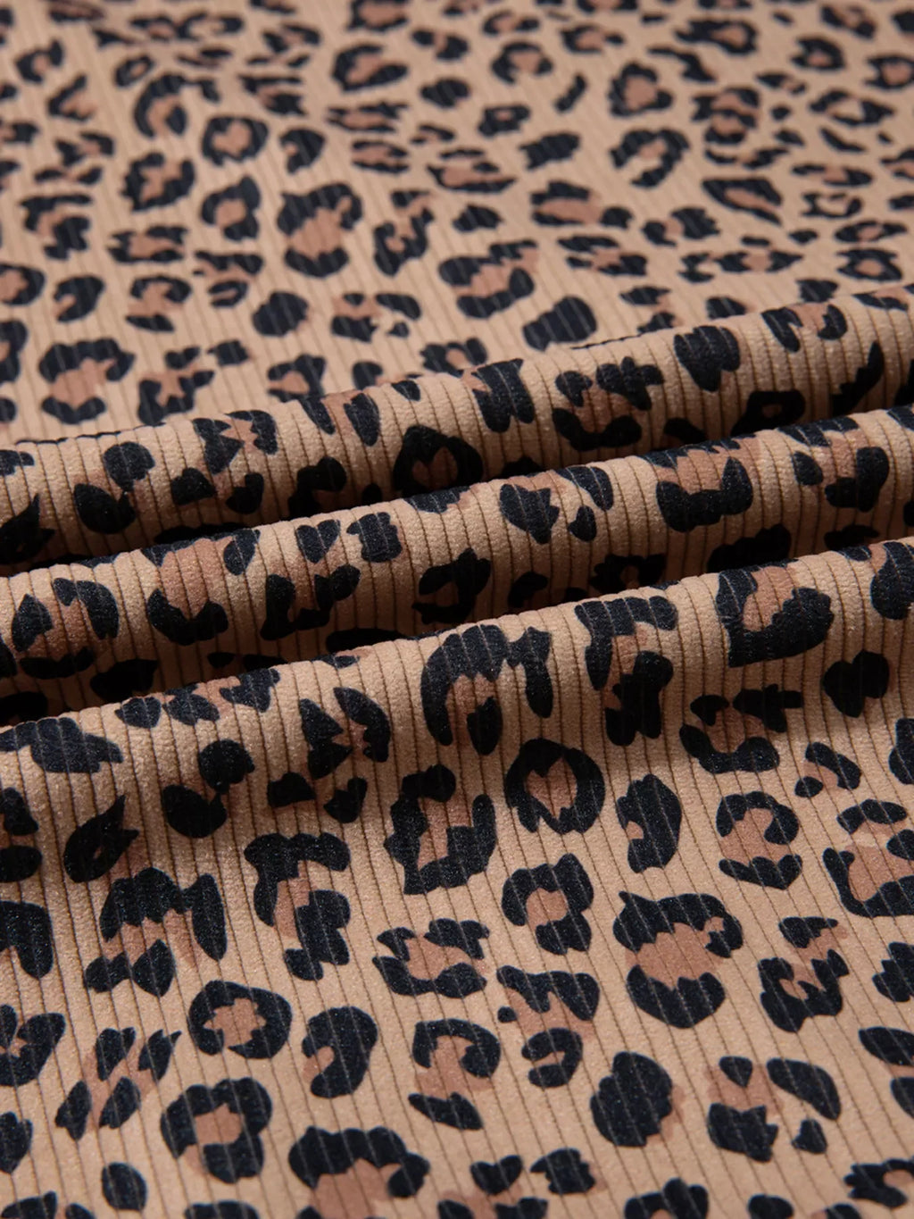Ribbed Leopard Print Contrast Collar Zip Hoodie