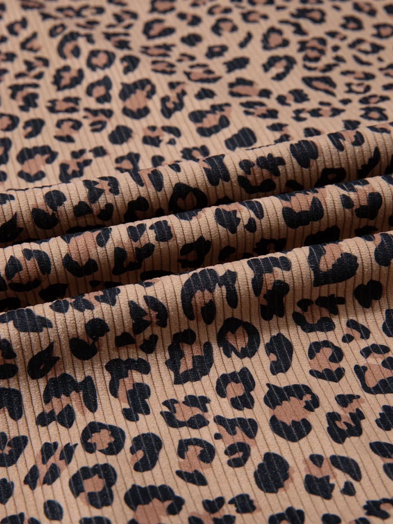 Ribbed Leopard Print Contrast Collar Zip Hoodie