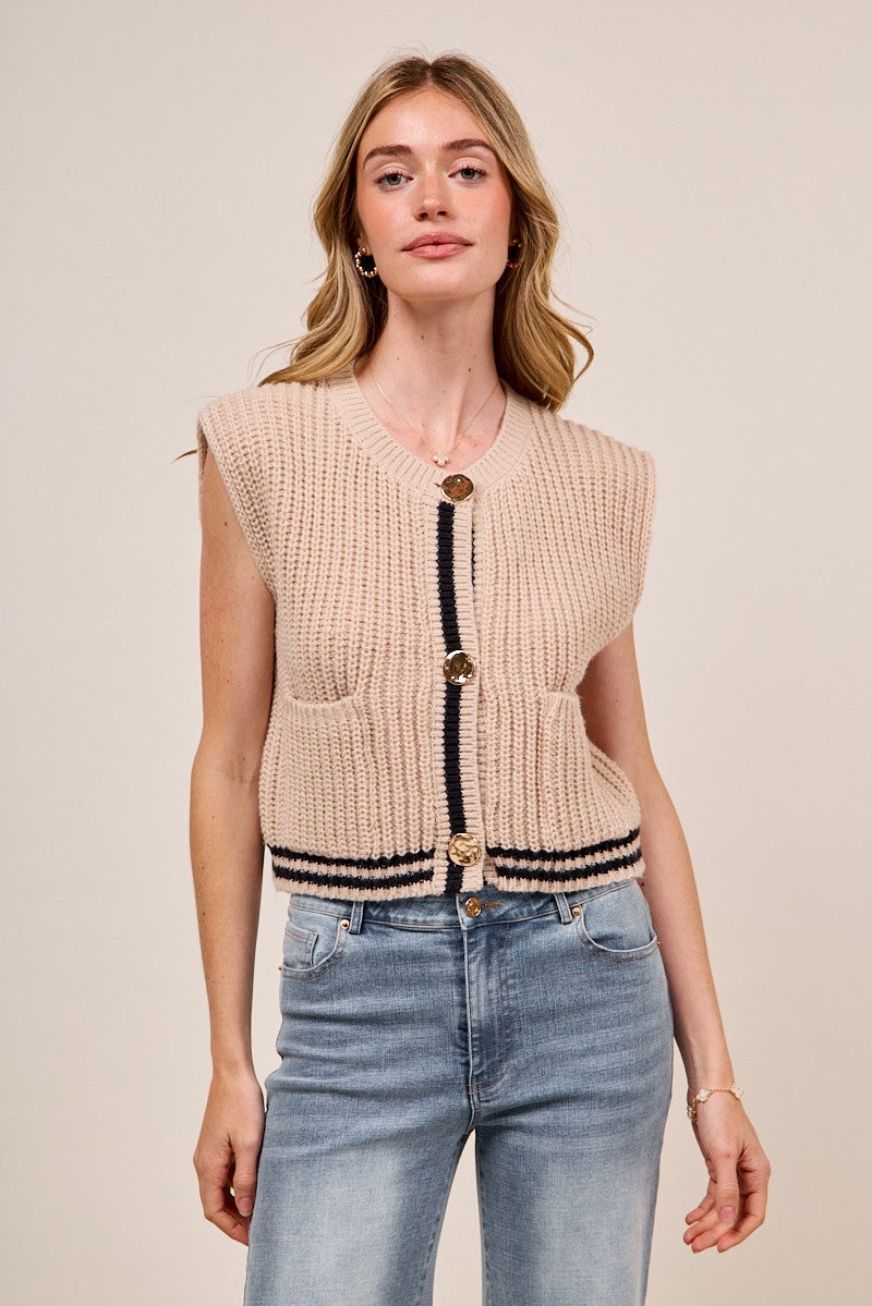 SO ME Big Metal Button Front Stripe Edge Knitted Sweater Vest