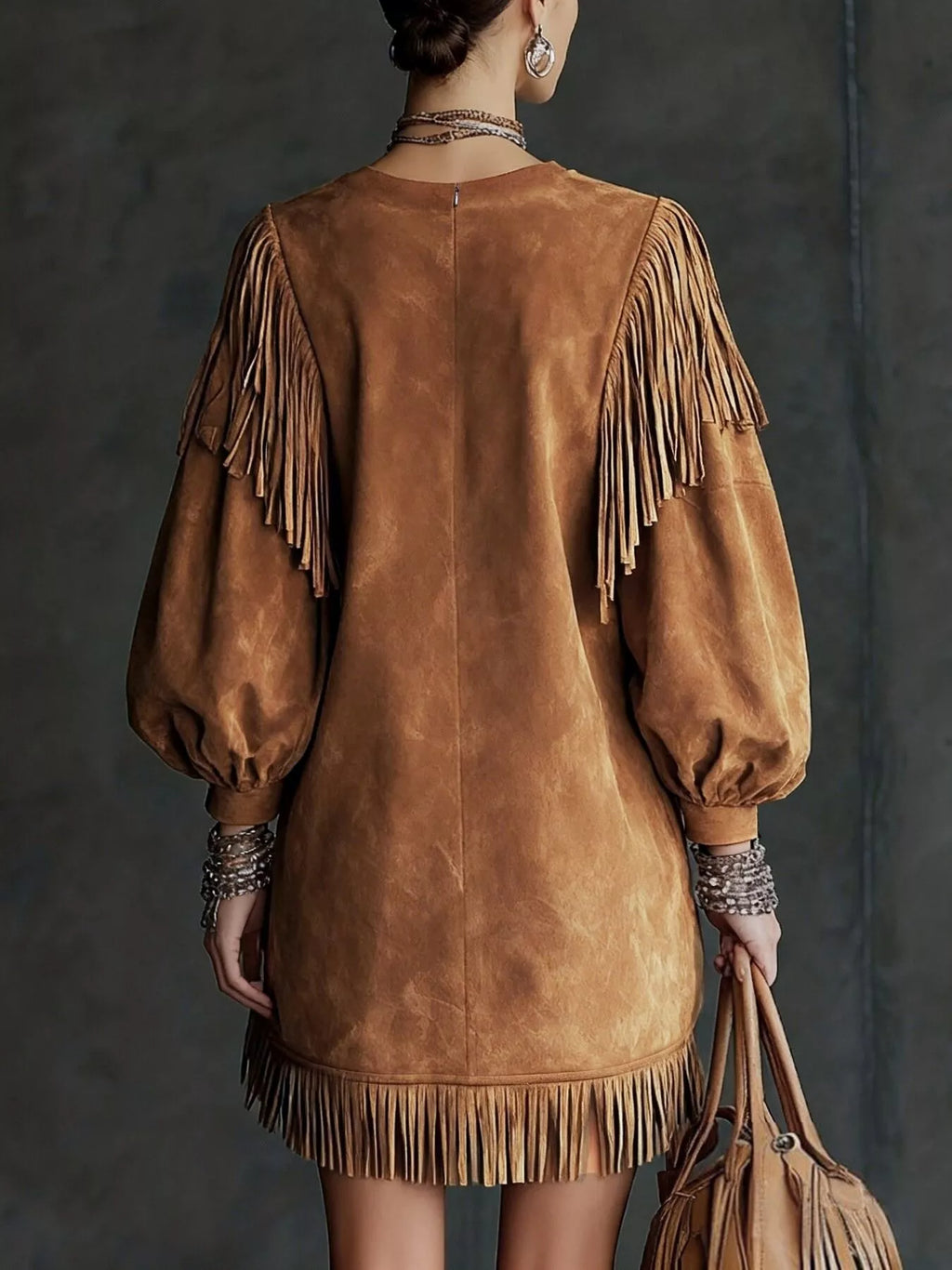 Suede Fringe Lantern Sleeve Mini Dress