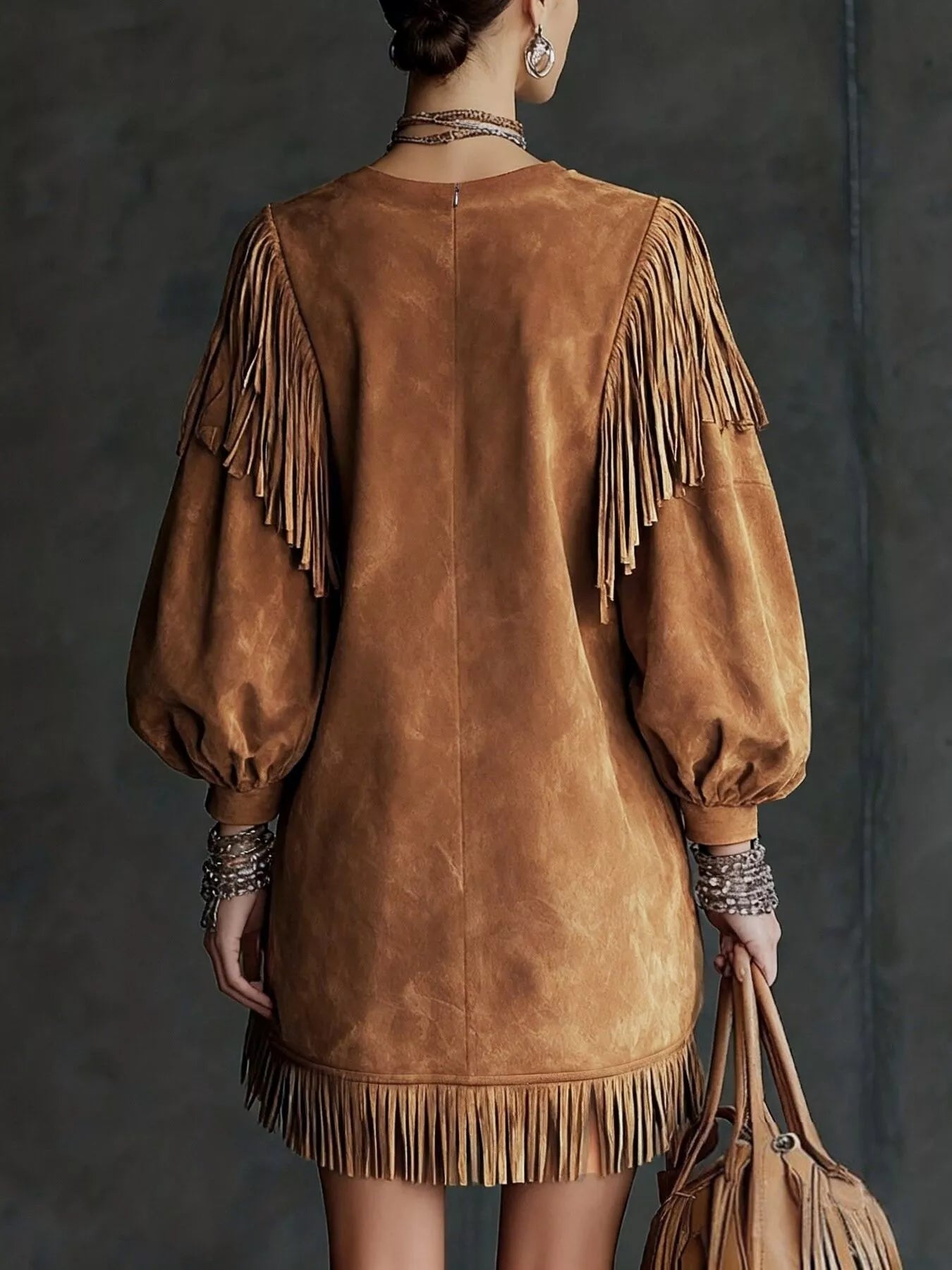 Suede Fringe Lantern Sleeve Mini Dress