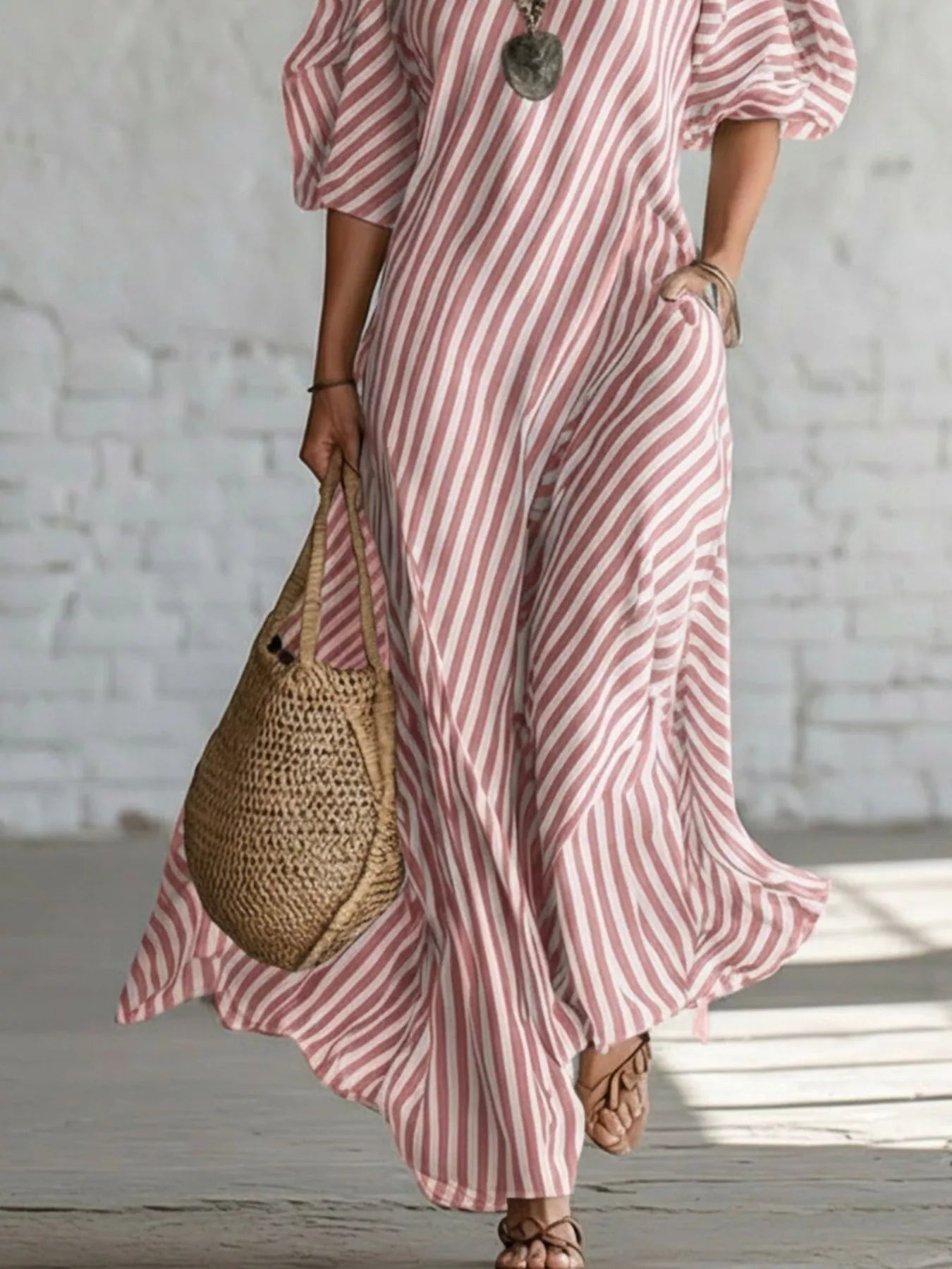 Full Size Striped One-Shoulder Casual Maxi Dress Plus Size