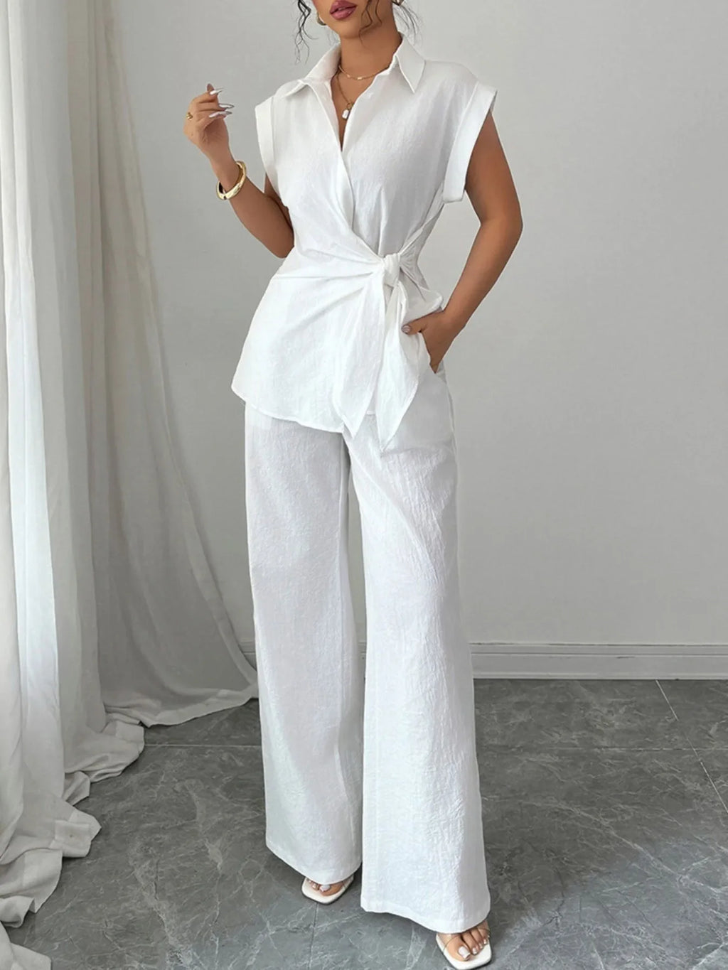 Collared Neck Cap Sleeve Top and Pants Set