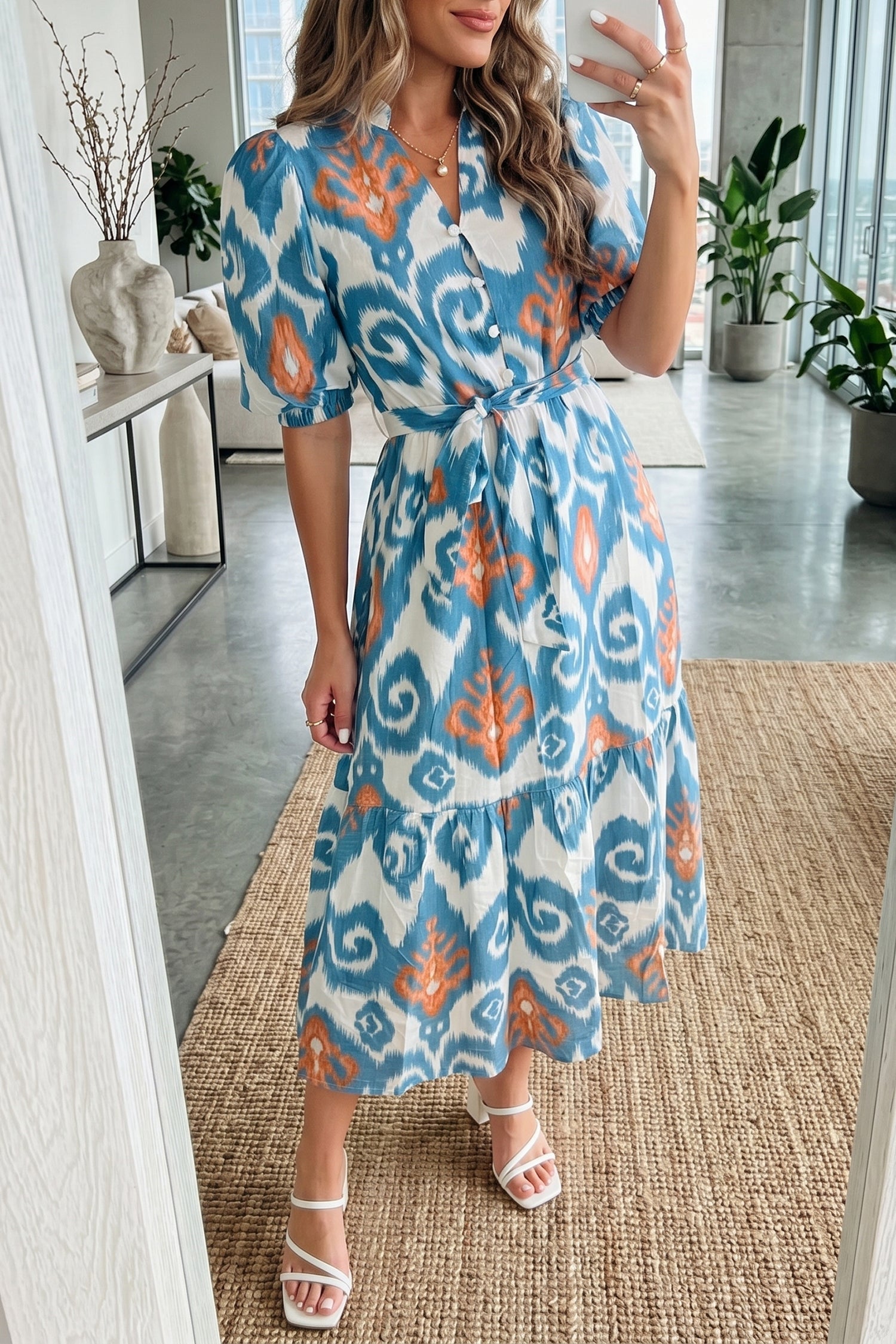 Floral Boho Puff Sleeve Ruffle Hem Midi Dress