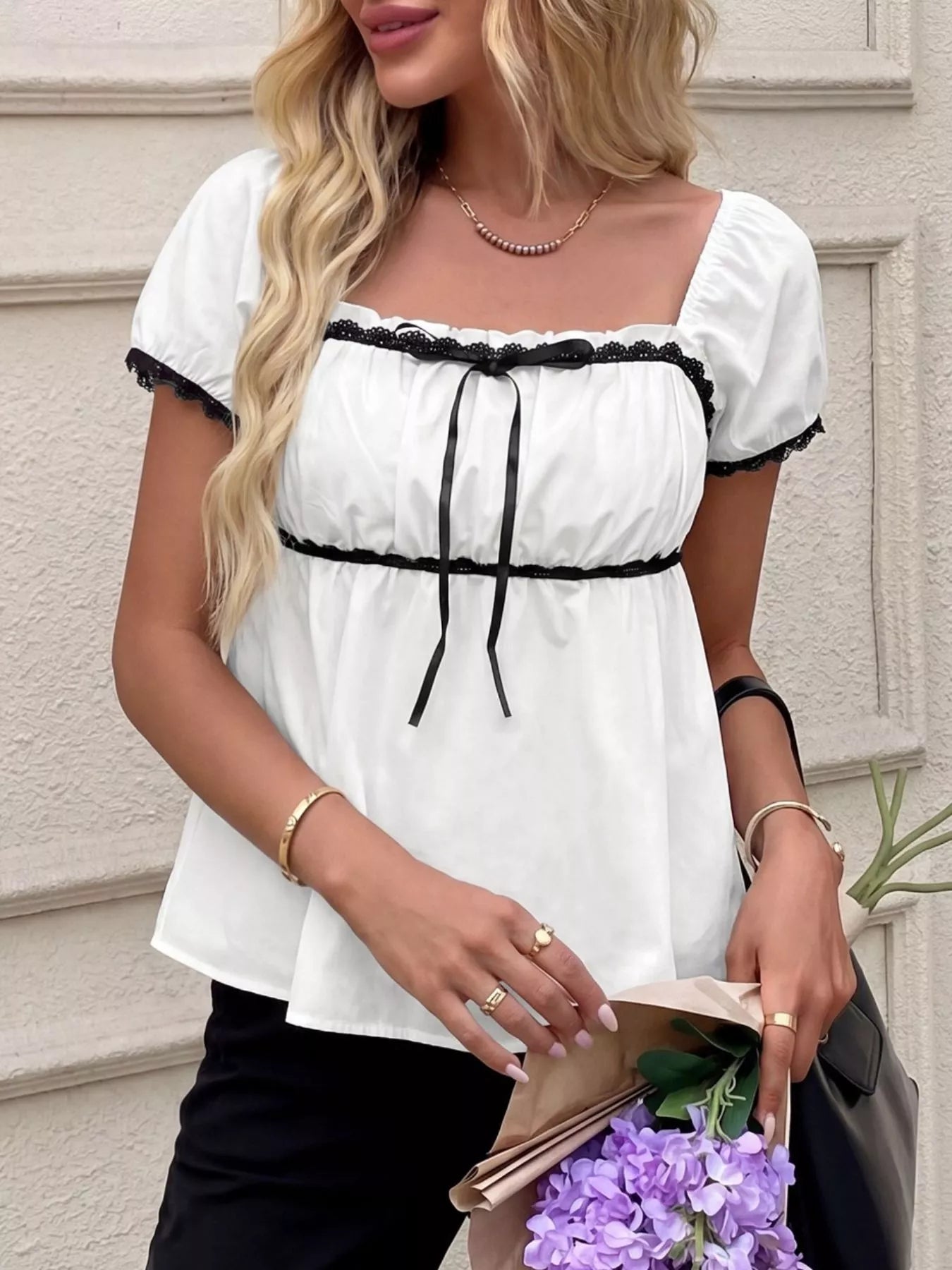Lace Trim Bowknot Short Sleeve Blouse