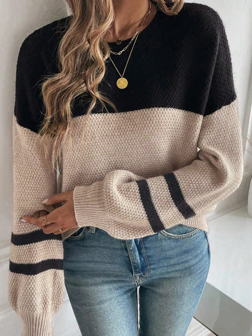 Color Block Knit Striped Sleeve Detail Casual Sweater