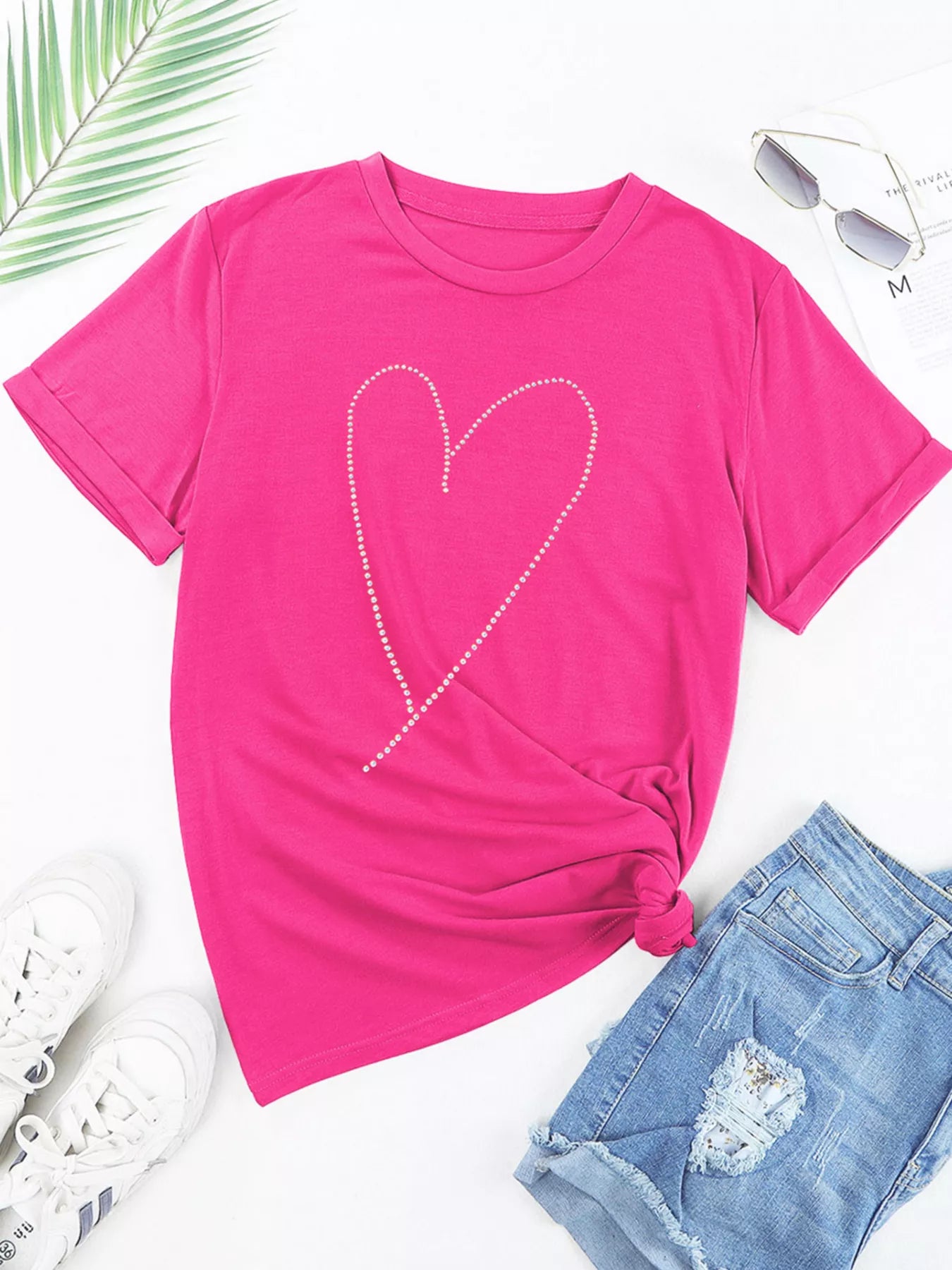 Rhinestone Heart Graphic Crew Neck Valentines Tee