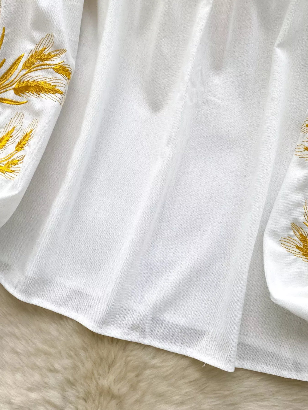 Embroidered Wheat Pattern Tie Neck Blouse