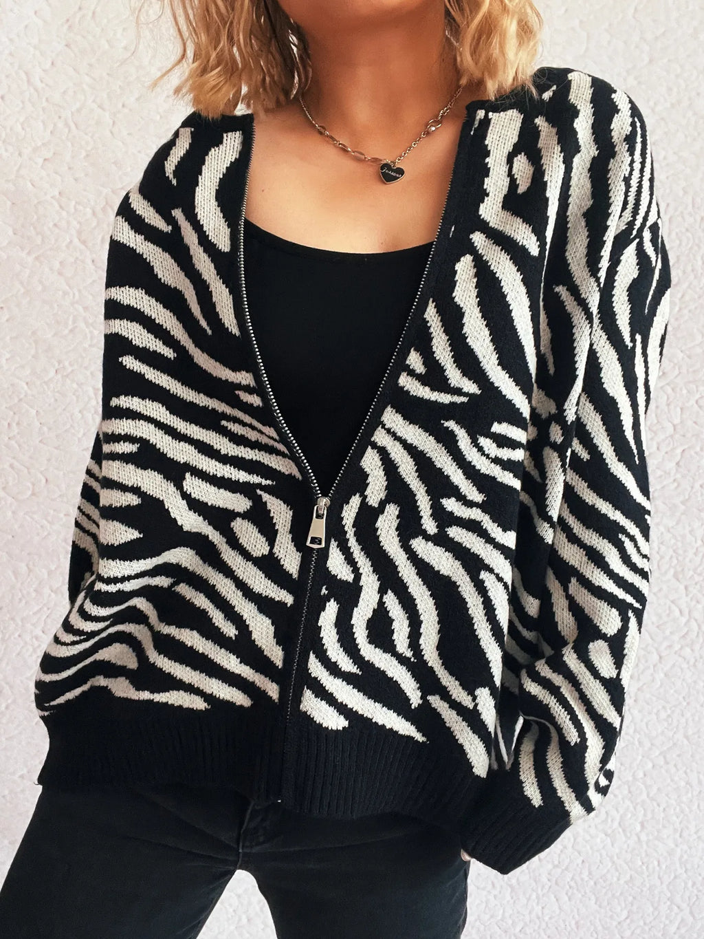 Zebra Print Zip Up Cardigan