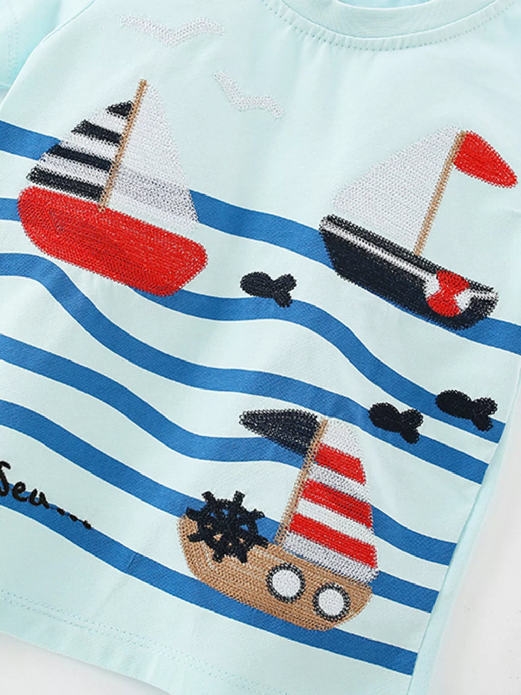 Children's Sailboat Embroidered Short Sleeve T-Shirt
