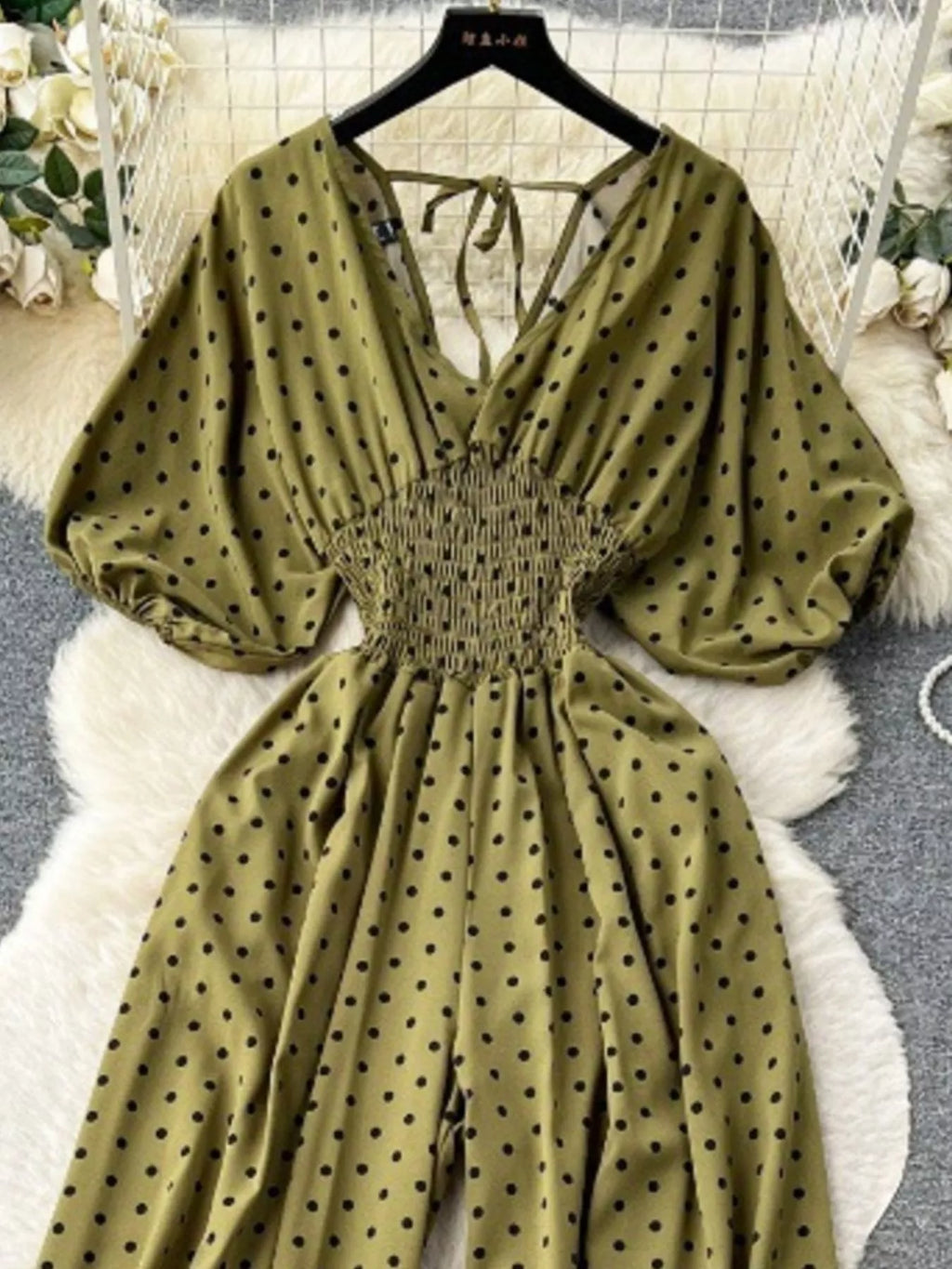 Smocked V-Neck Wide Leg Jumpsuit