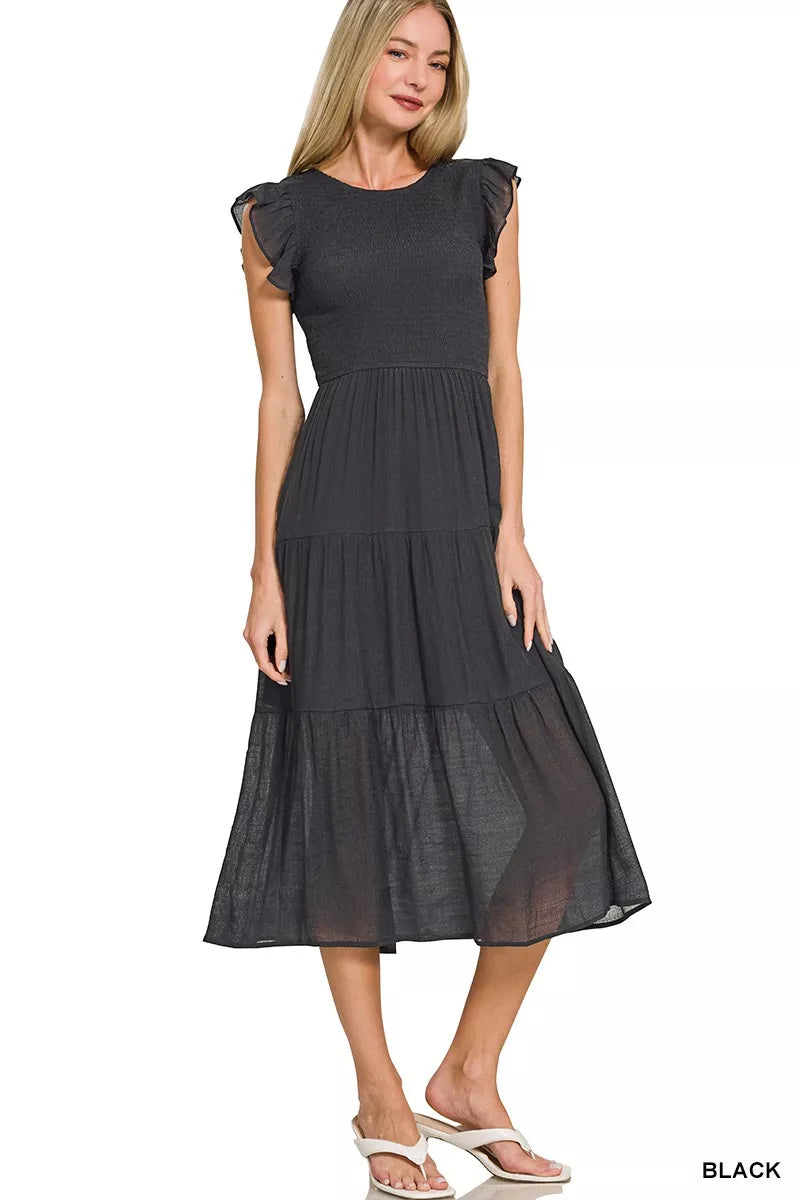 Zenana Woven Smocked Ruffle Sleeve Midi Dress