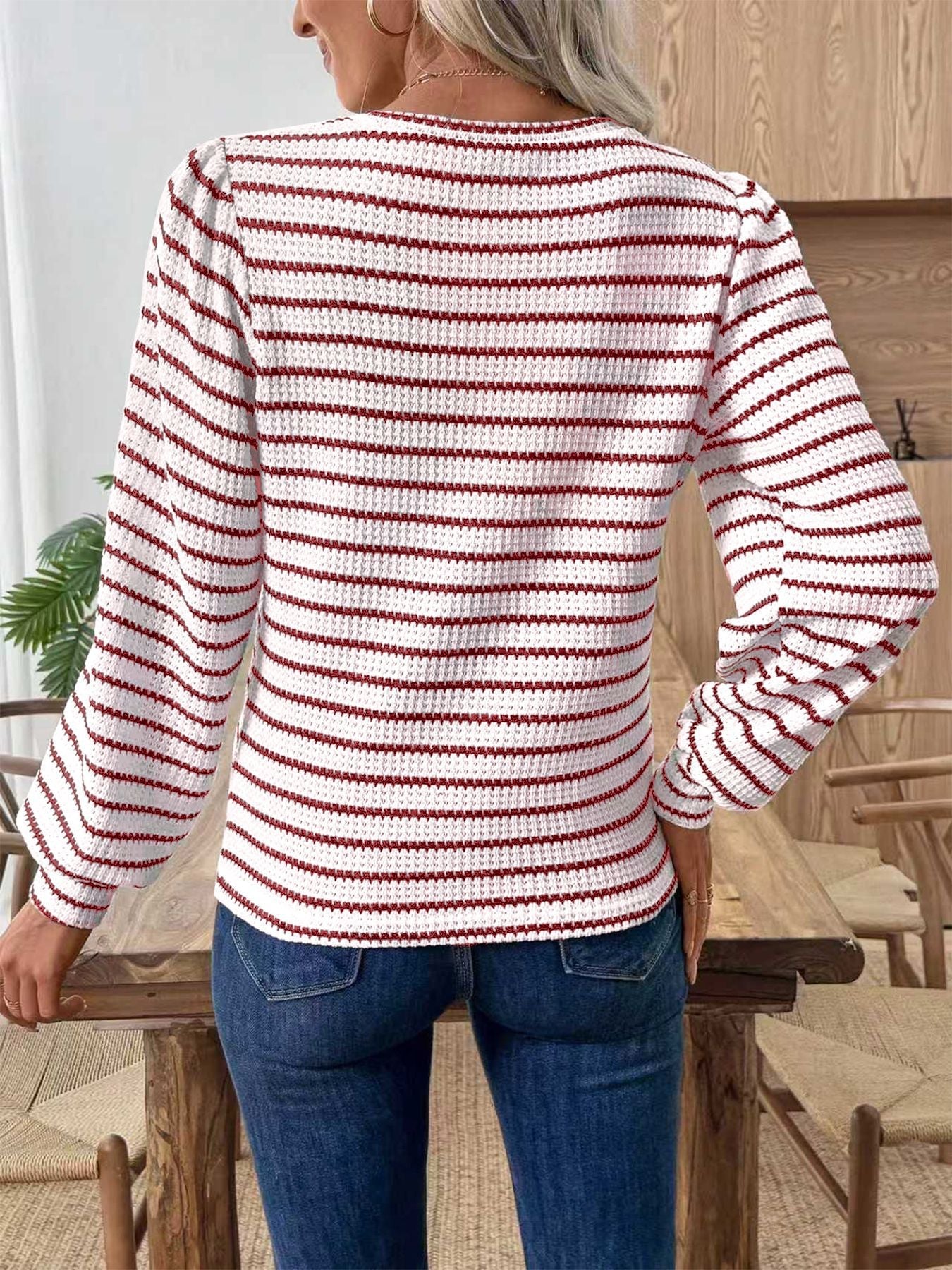 Striped Long Sleeve Texture Knit T-Shirt