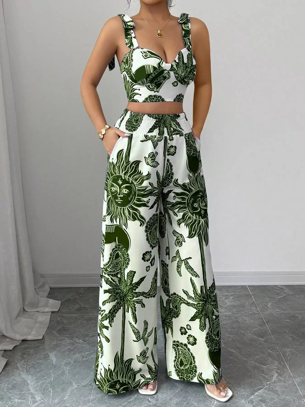 Floral Print Crop Top and Wide Leg Pants Set