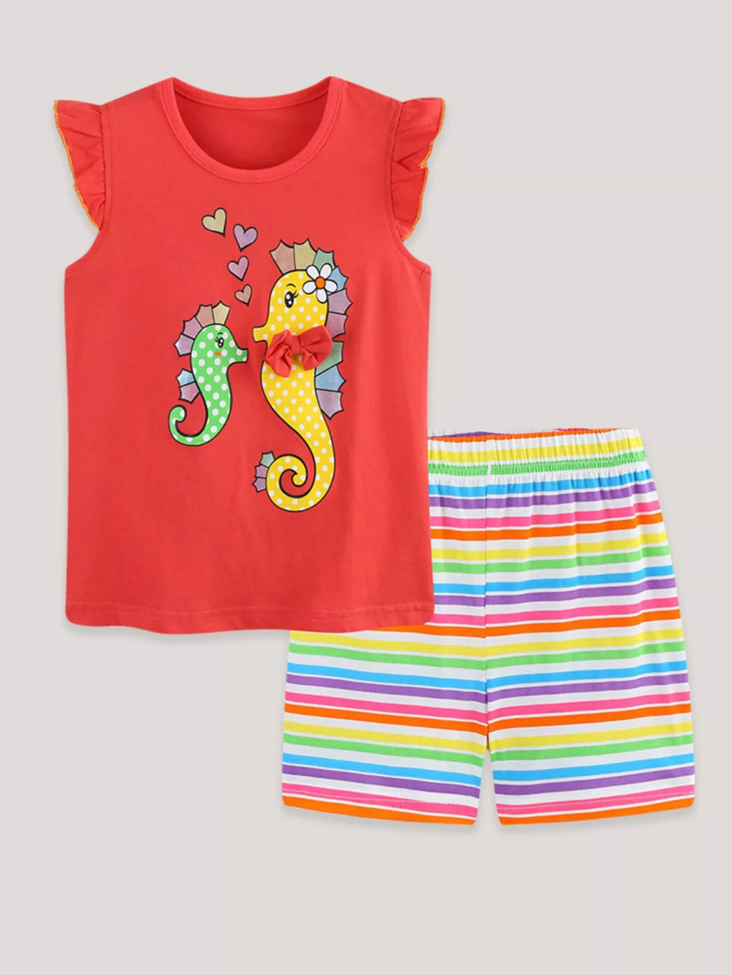 Children's Seahorse Ruffle Sleeve Top and Rainbow Striped Shorts Set
