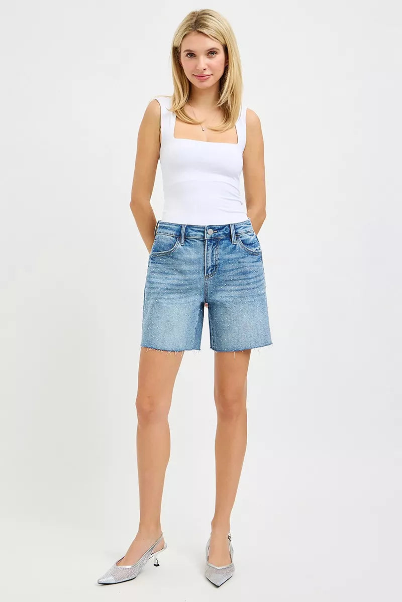 RISEN Slouchy Mid Length All Over Rhinestones Shorts