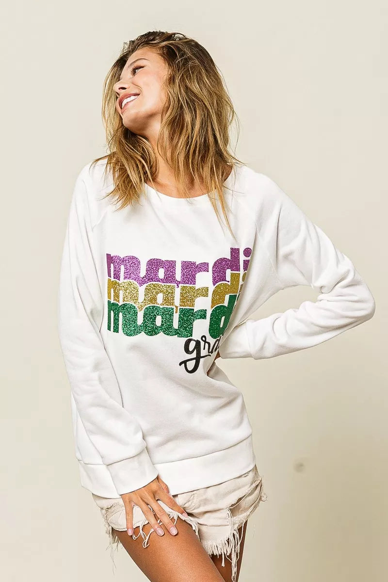 BiBi Mardi Gras Glitter Lettering Sweatshirt