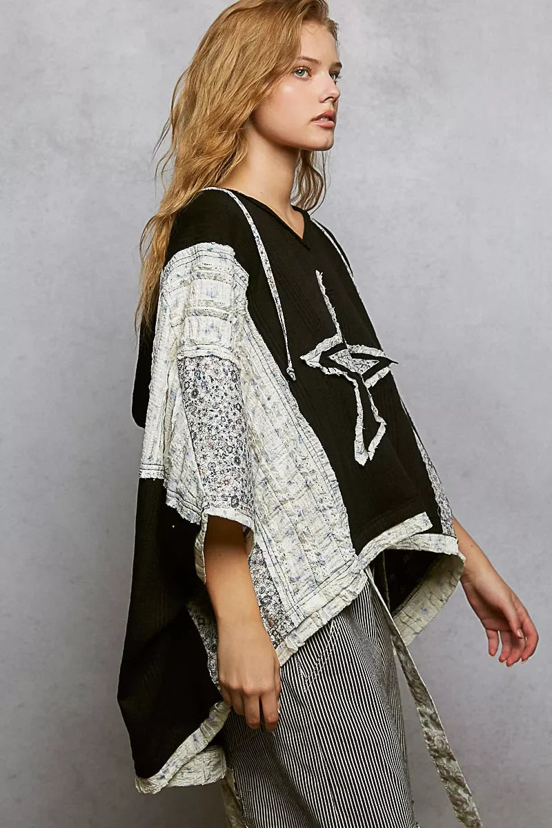 POL Floral Star Patch Hooded Blouse with Lace Contrast Detail