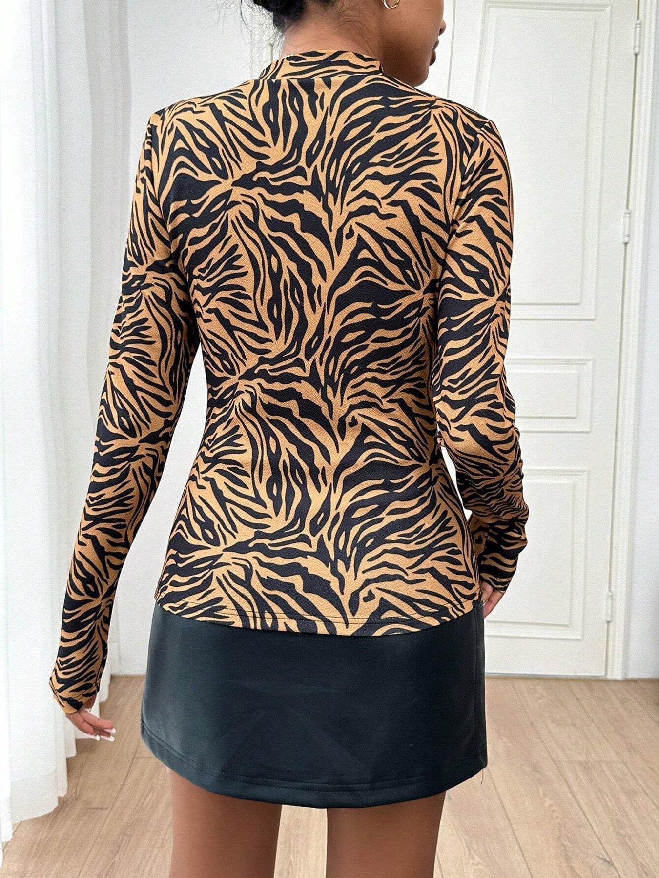 Animal Print Mock Neck Long Sleeve T-Shirt