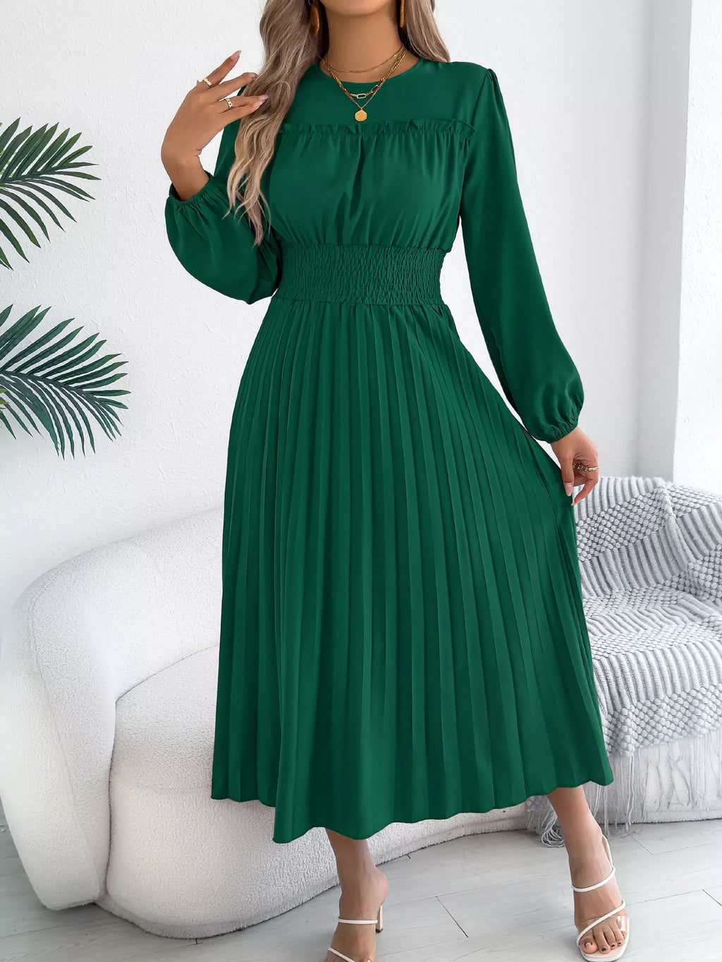 Smocked Pleated Long Sleeve Midi Dress