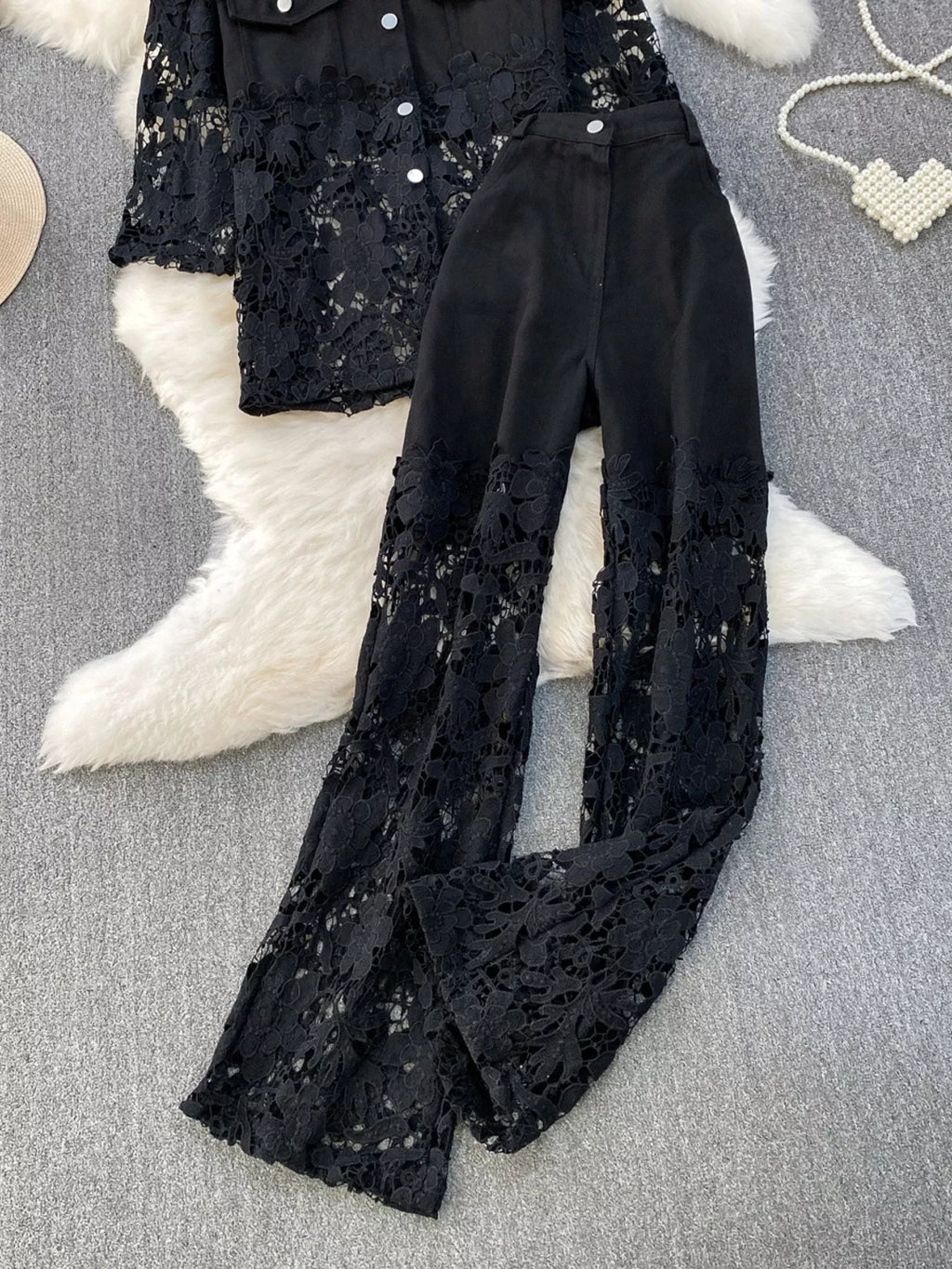 Lace Patchwork Shacket and Pants Set