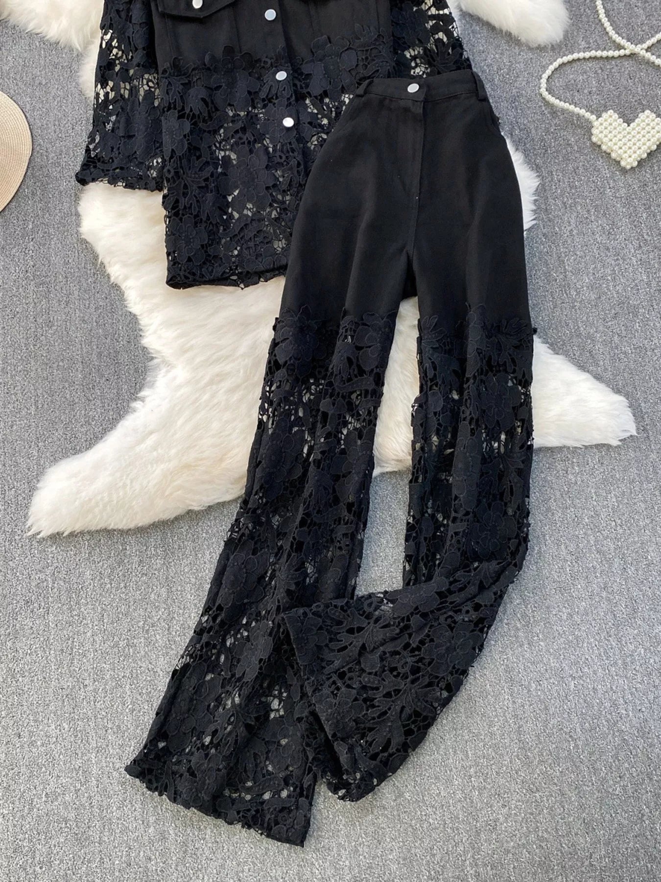 Lace Patchwork Shacket and Pants Set