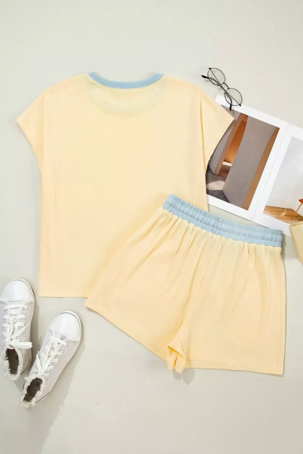 Soft Ribbed Color Block Trim Casual Short Set