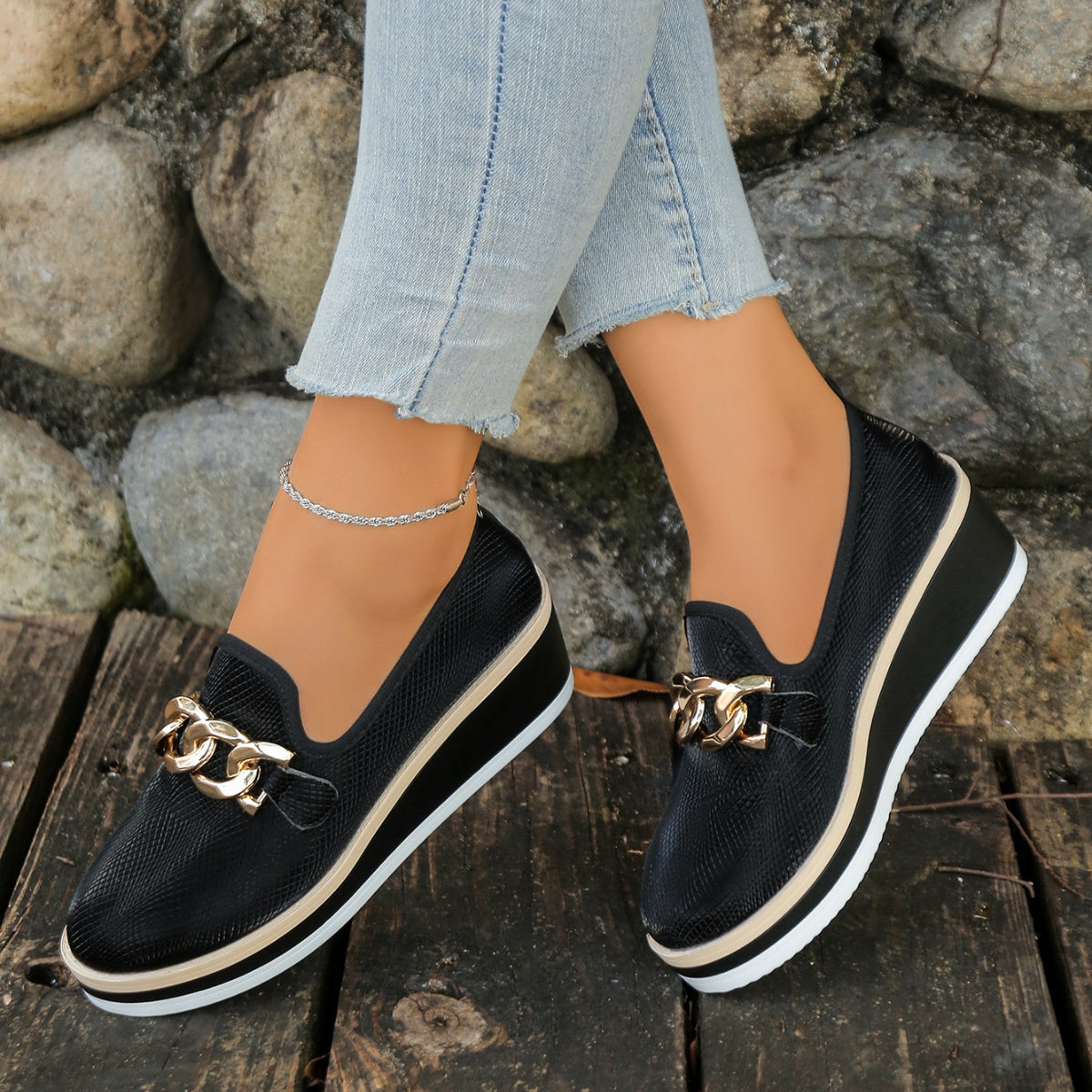 Chain Decor Wedge Loafers