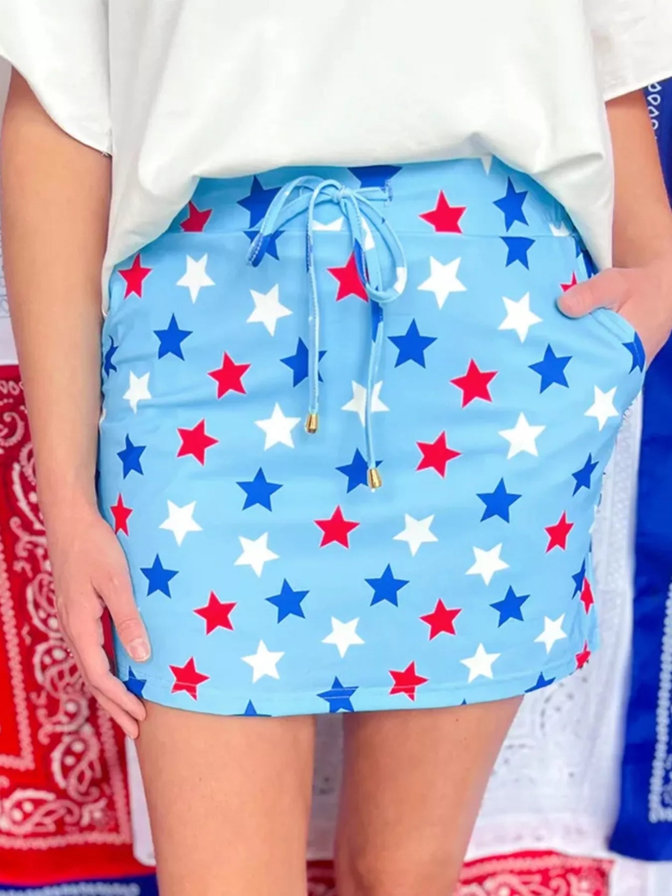 Patriotic Star Printed Beaded Drawstring Mini Skort