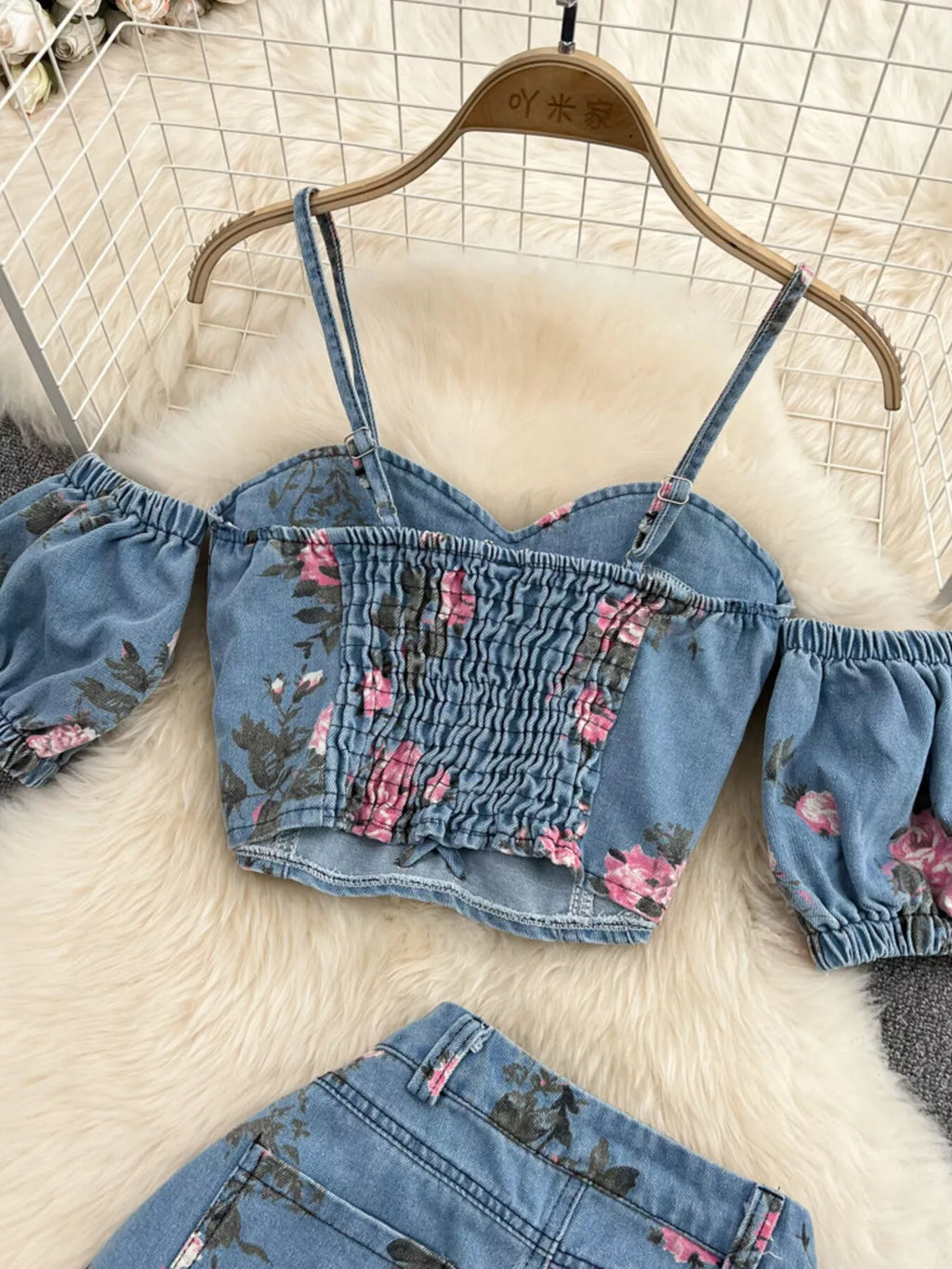 Floral Print Sweetheart Neck Cami and Skirt Denim Set