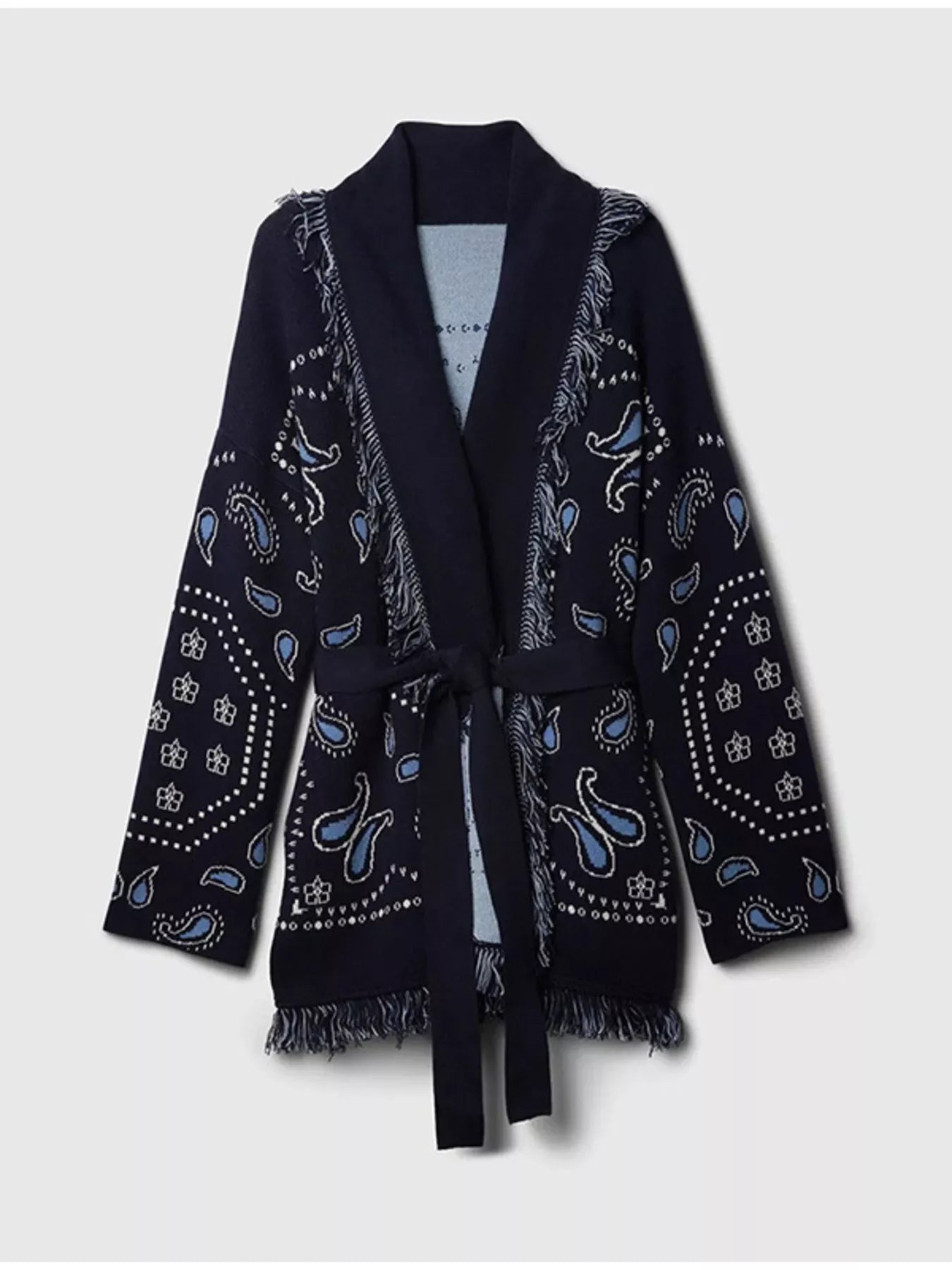 Printed Fringe Long Sleeve Cardigan