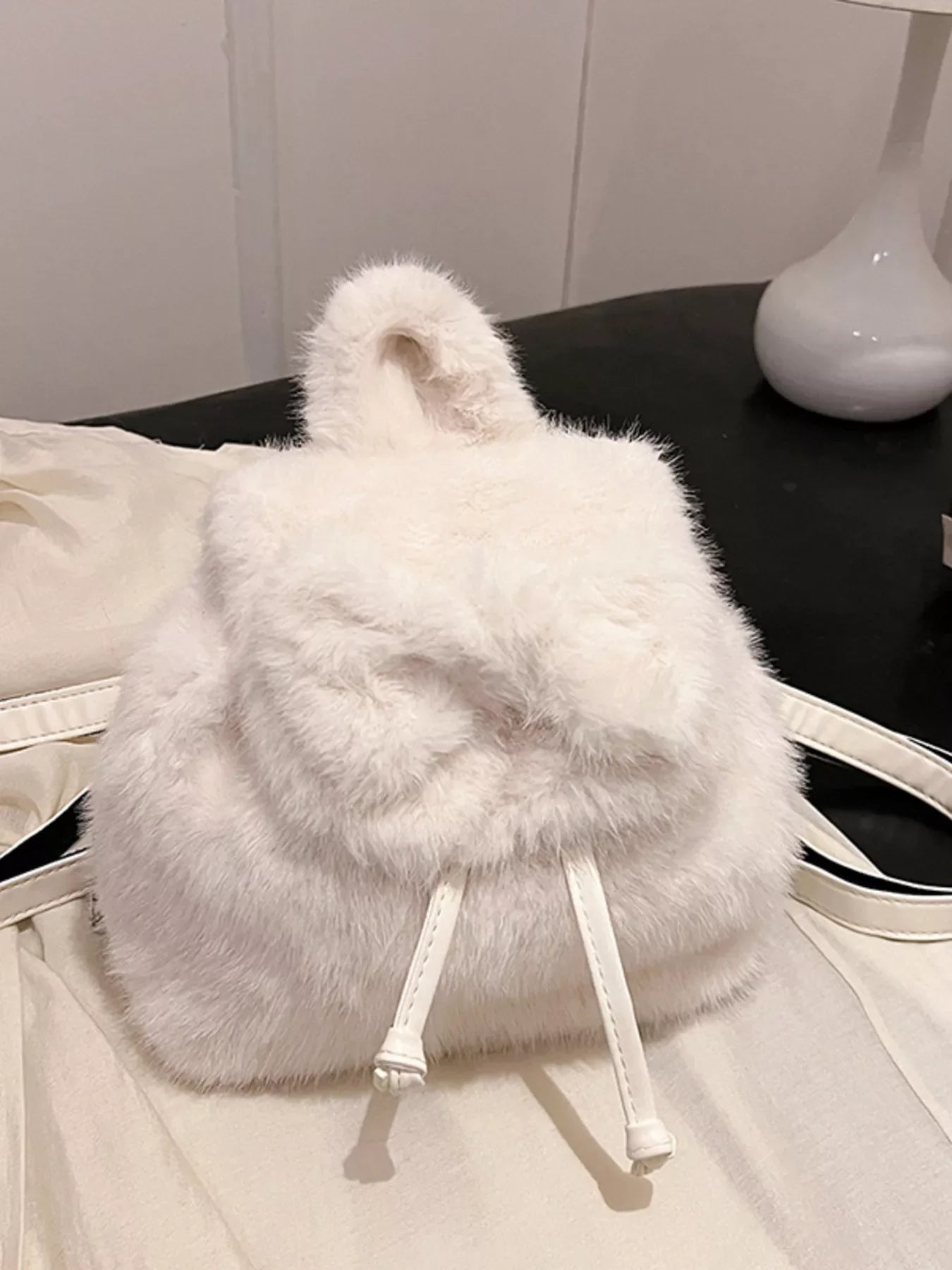Fuzzy Plush Drawstring Backpack Bag