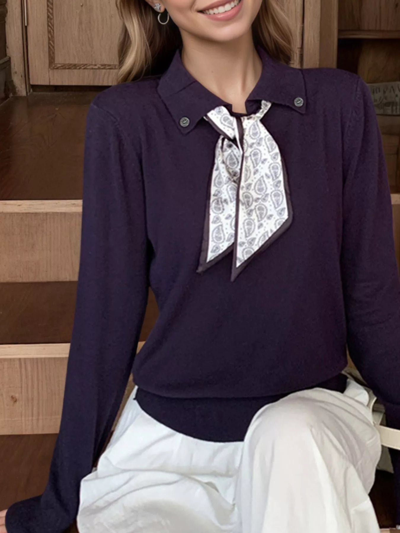 Scarf-Accented Long Sleeve Sweater