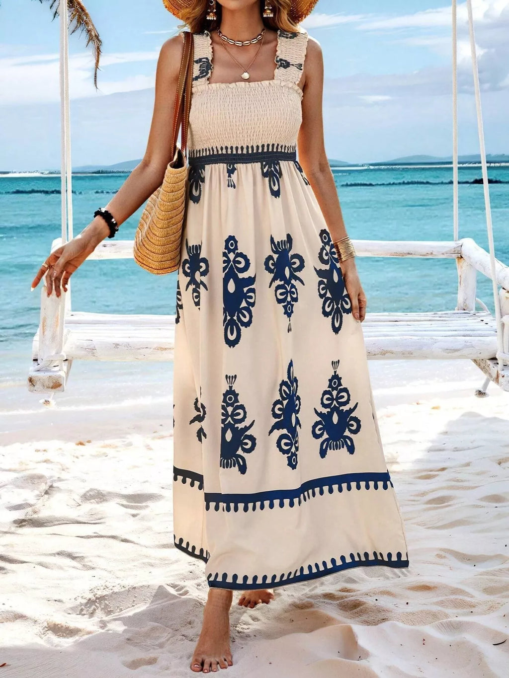 Smocked Printed Square Neck Maxi Dress
